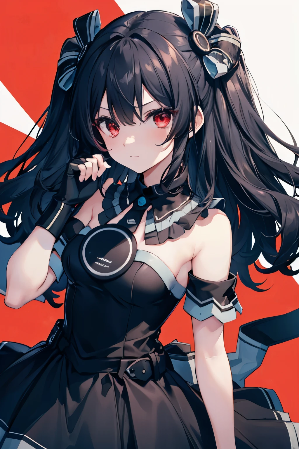 black hair, two side up, hair ribbon, red eyes, black dress, fingerless gloves