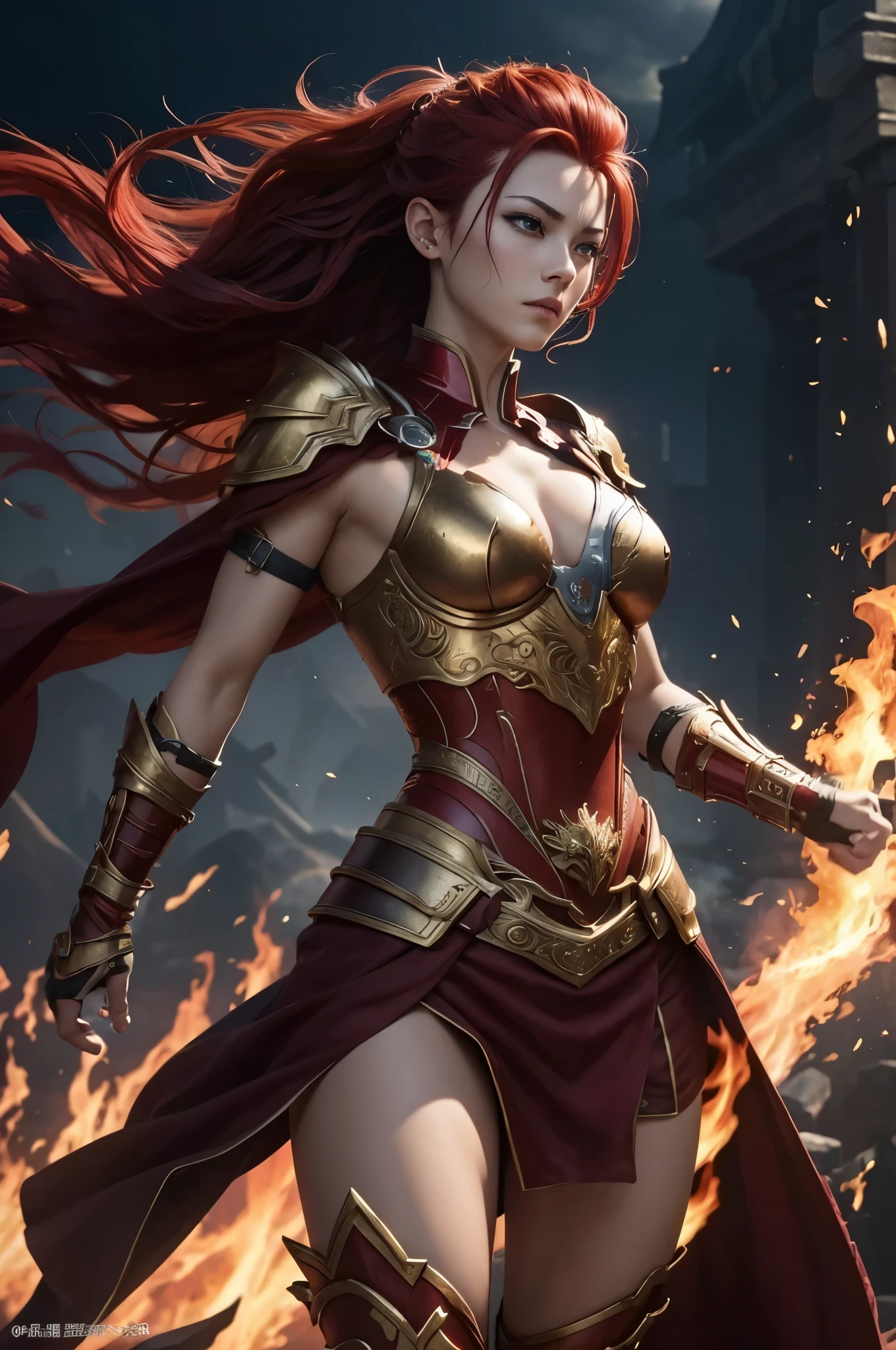 8k、alone,のgoddess of fire,Super beautiful(like the real thing),red eyes,Super beautiful,beautiful red mohawk hair,Flashy flame god makeup,sexyな赤い炎の胸鎧,sexy,Remains,amazing work of art、wind effect:1.9、cloud effect:1.2,full rendering、unreal engine,ultra high resolution,super realistic skin,Super precise hand details,fantasy art,Photorealistic RAW photos of the highest quality。Backlight, cinematic lighting, film grain, to be born, 50mm lens, Nikon D850,realistic skin,fantasy art,character art,ultra high resolution,Macho with a muscular slender body,Precise facial details,grim expression,Improve the quality of facial expressions,accurate human body structure,perfect hands,Flame Hair Ornament,red flame shoulder armor,red flame gauntlet,red flame leg armor,Violent and strongly cracked abdominal muscles,goddess of fire,perspective from above,Close-up,battle scene,fighting pose,dynamic pose,explosive flame,