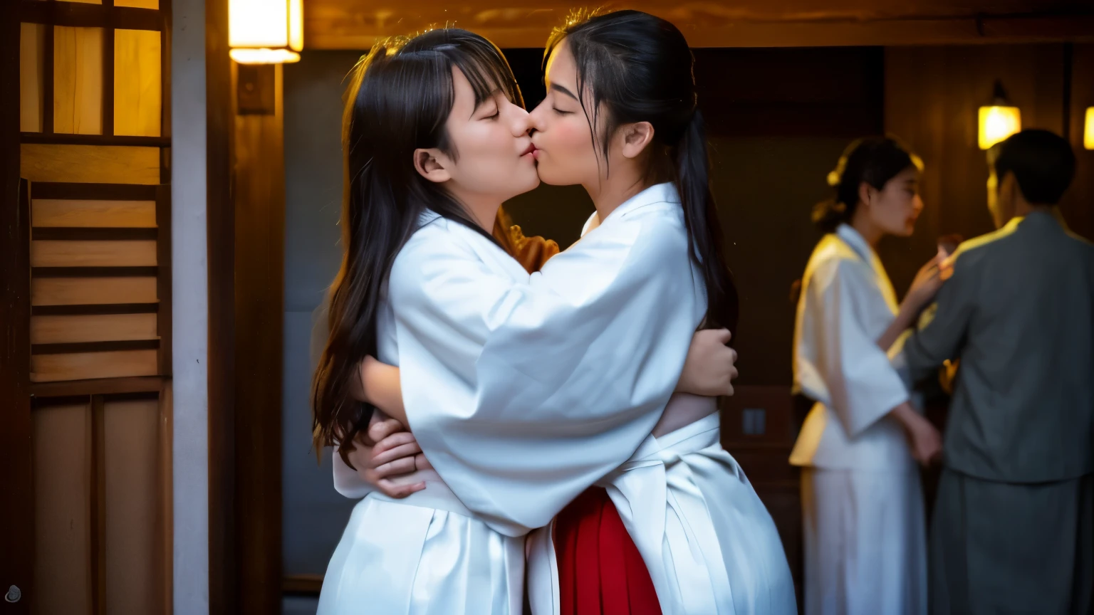 traditional japanese inn, at night, 6+teens with White kimono and red long skirt:1.5,  teens with White kimono and red long skirt, Multiple Japanese teens with White kimono and red long skirt, White kimono and red long skirt, hug, kissing her face:1.5, kissing, kissing each other, at night, (masterpiece:1.2) , (best quality:1.2) , (ultra-detailed:1.2) , 16K, Raw photo, realistic photo, Super realistic, Pale skin, shiny skin, detailed skin, detailed face, detailed eyes, detailed cloth texture, real person, photorealistic, standing 