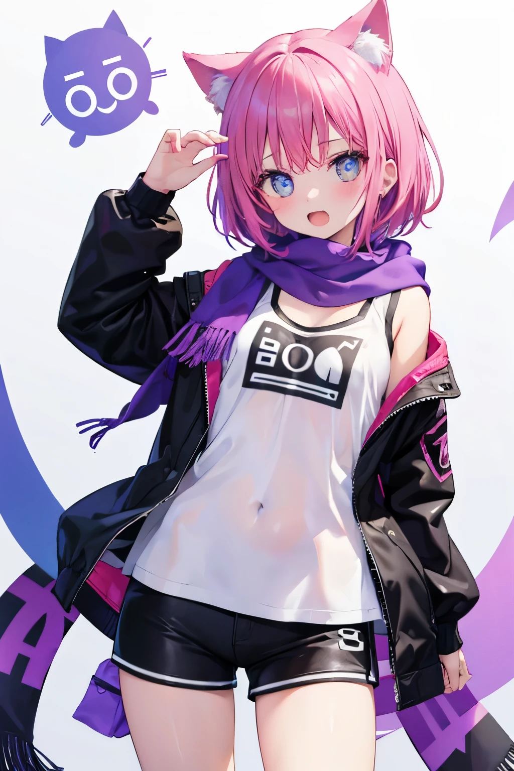 Very beautiful and shining eyes、shining eyes、1 girl、small breasts、big mouth、high school girl、small breasts、Cat ear、Transparent pink short hair、scarf、hot pants、Near future、neon、