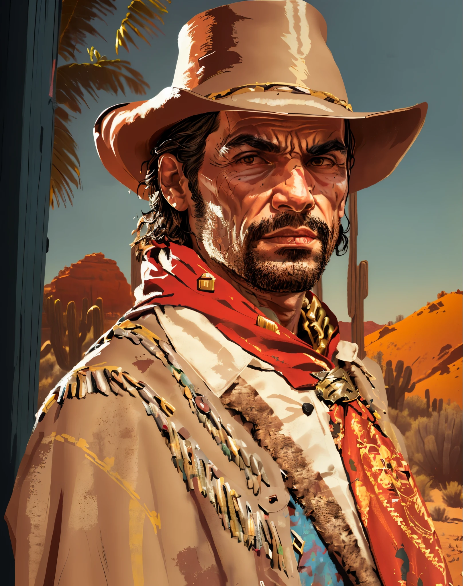 HD, (best details), (best quality), R3DD34D风格, digital painting, Cowboy hat,red scarf， (bright brown cloak: 1.3), in the desert, (Red sky: 1.3), Alafid man wearing shirt and gray jacket