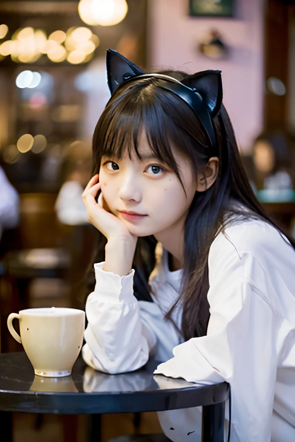 table top, highest quality, Portrait of one girl、A slightly sullen face、date at a cafe、Wearing cat ears