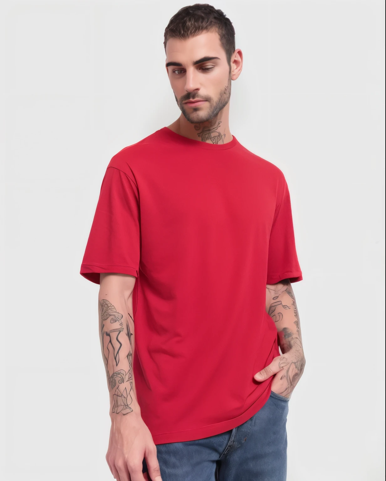 arafed man with a tattoo on his arm and a red shirt, red t-shirt, red shirt, red, only red colour, maroon red, short sleeves, rich red, black and red only, red shirt brown pants, red colored, red only, red color, solid color, too red, t-top, white t-shirt with red sleeves, warrior tattoos on arms