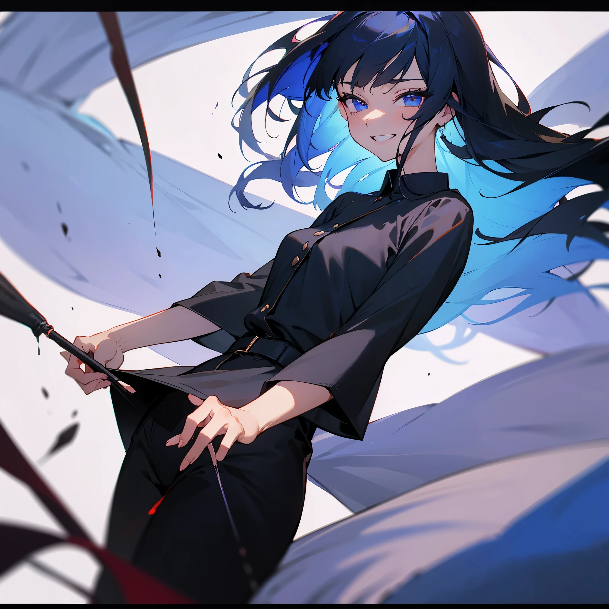 A woman with fair skin, long black hair, and sapphire-blue irises (small due to craziness). She is wearing a navy blue dress-shirt, and black pants. She has a ear-to-ear grin and small irises. Covered in blood. Seems to be laughing wickedly. Style in HD Anime.