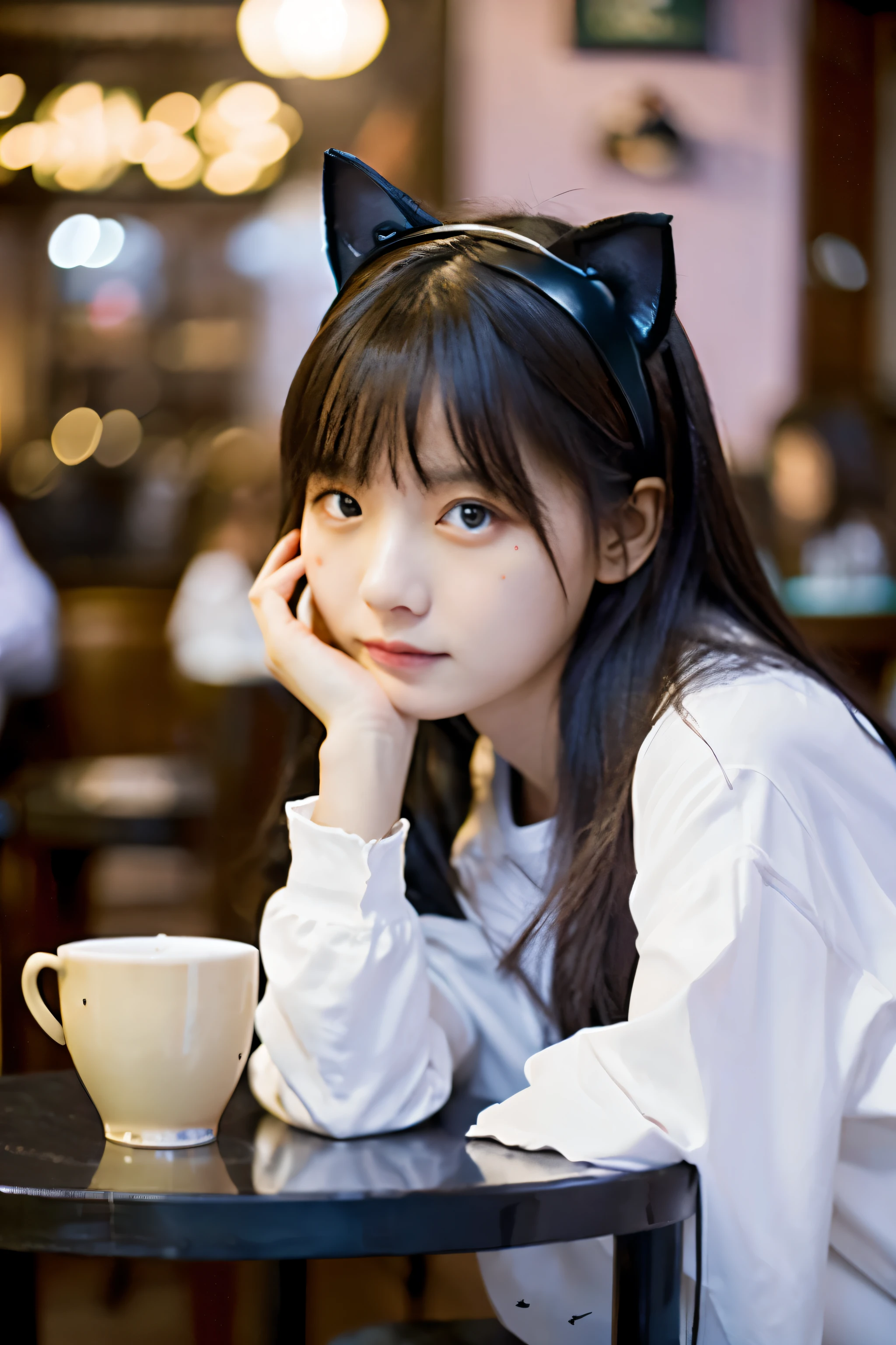 table top, highest quality, Portrait of one girl、A little grumpy face、date at a cafe、wearing cat ears