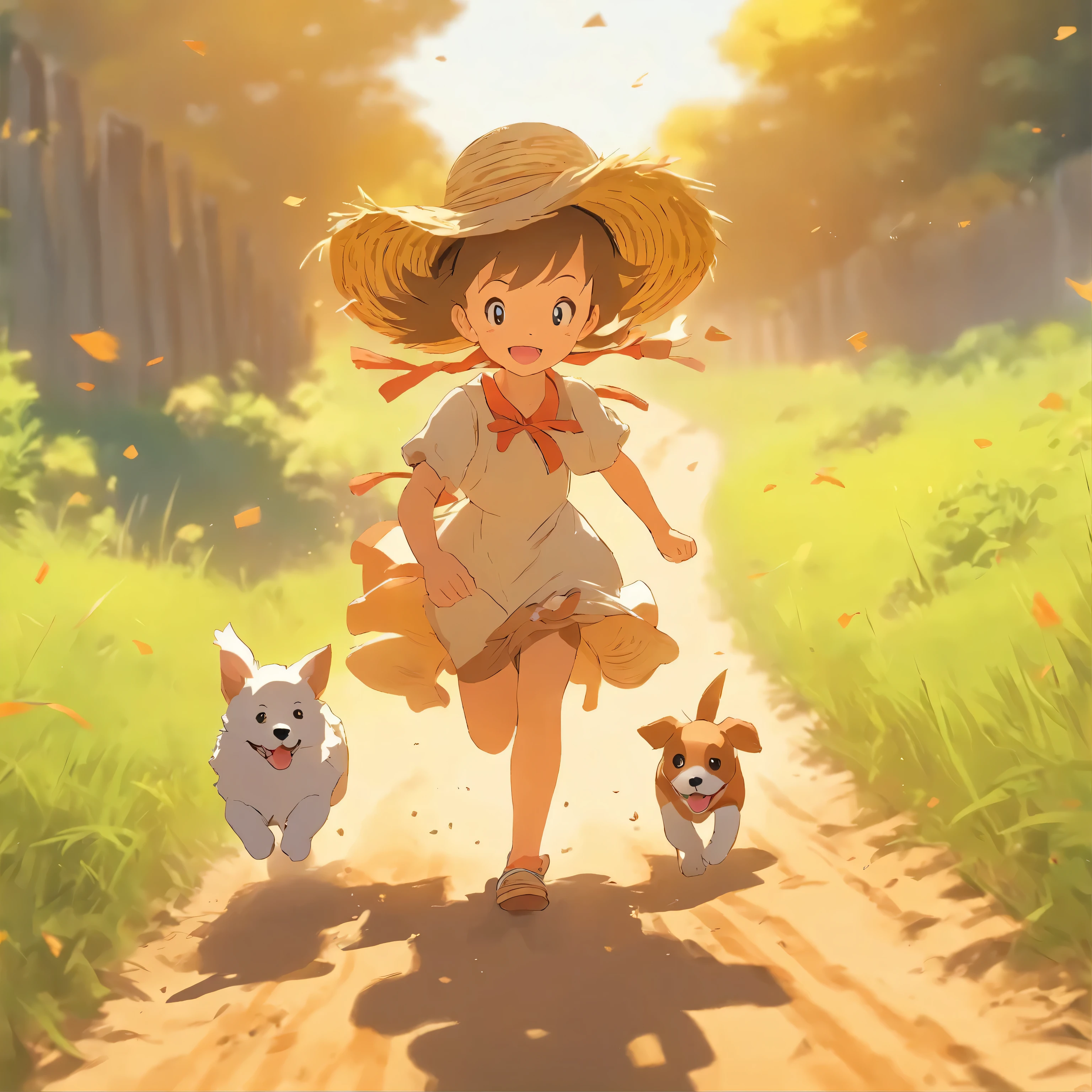 Auf bunten Wiesen,Einer in einem langen Kleid,Girl in straw hat running with puppy on dirt road,niedrigerer Stil