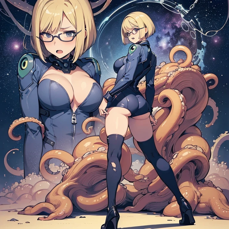 (masterpiece), best quality, expressive eyes, perfect face, ((solo, mature woman, full body, look smart, blond hair, short bob hair, glasses, azure pilot suit, torn clothes, high leg, over knee socks, large breast, large butt, look panic, relaxed expression, look back, from behind, open mouth)), low view, ((aliens, alien monsters, tentacles, monstrous tentacles, swarming, surrounding)), (in the spaceship), outer space,