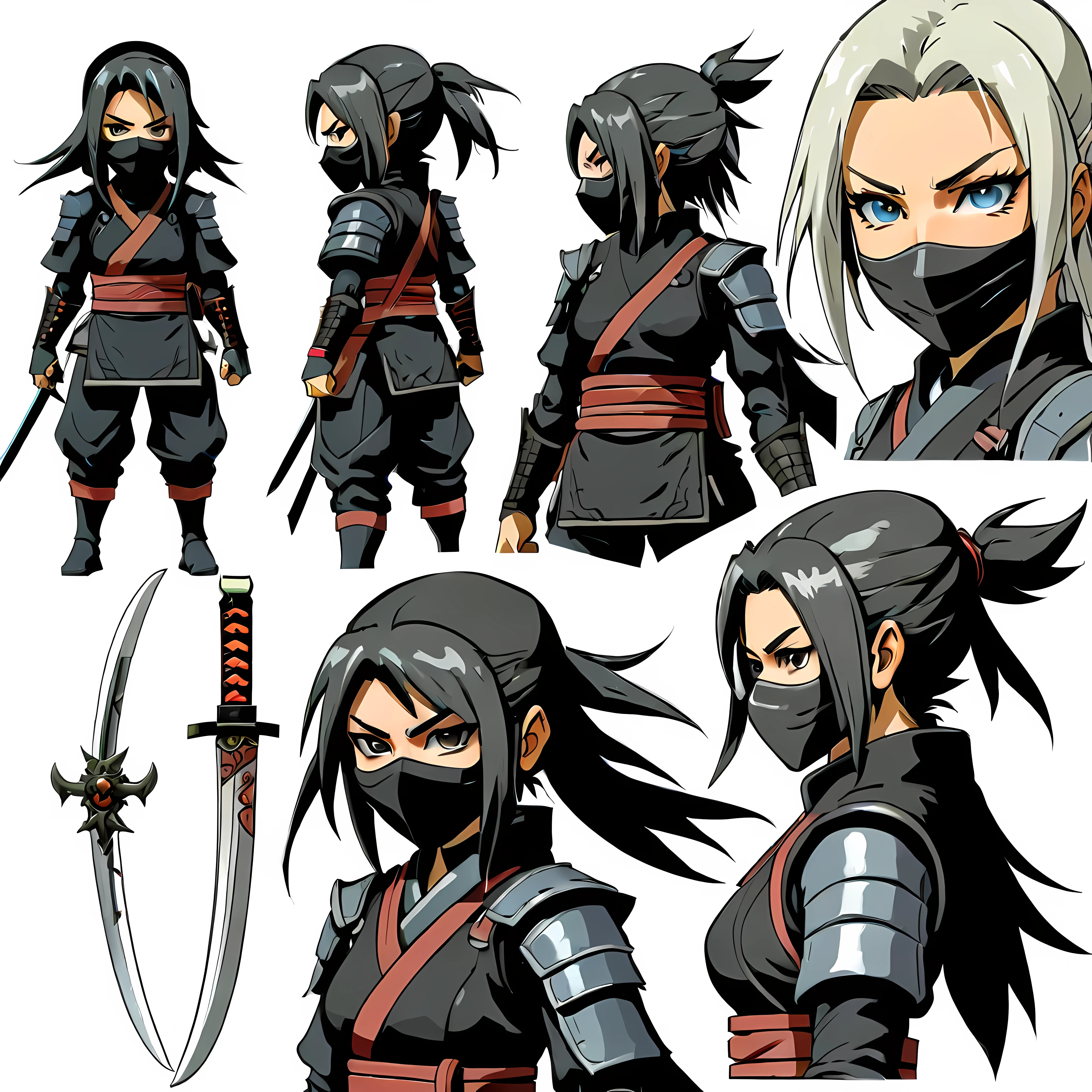 Close-up of a female in a ninja costume, ((character concept art)), ((character design sheet, same character, front, side, back)), final fantasy character art, video game character design, video game character design, final fantasy ninja girl, expert high detail concept art, metal sword concept art, cute character design, Female with ninja mask, final fantasy inspiration, shuriken. Concept art, belt buckle at waist, ninja weapon,