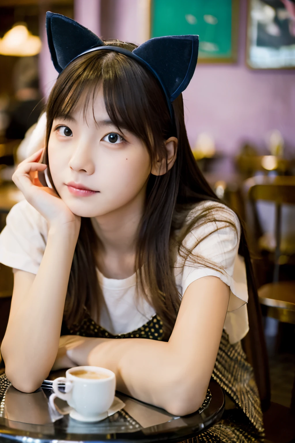 table top, highest quality, Portrait of one girl、A slightly sullen face、date at a cafe、Wearing cat ears