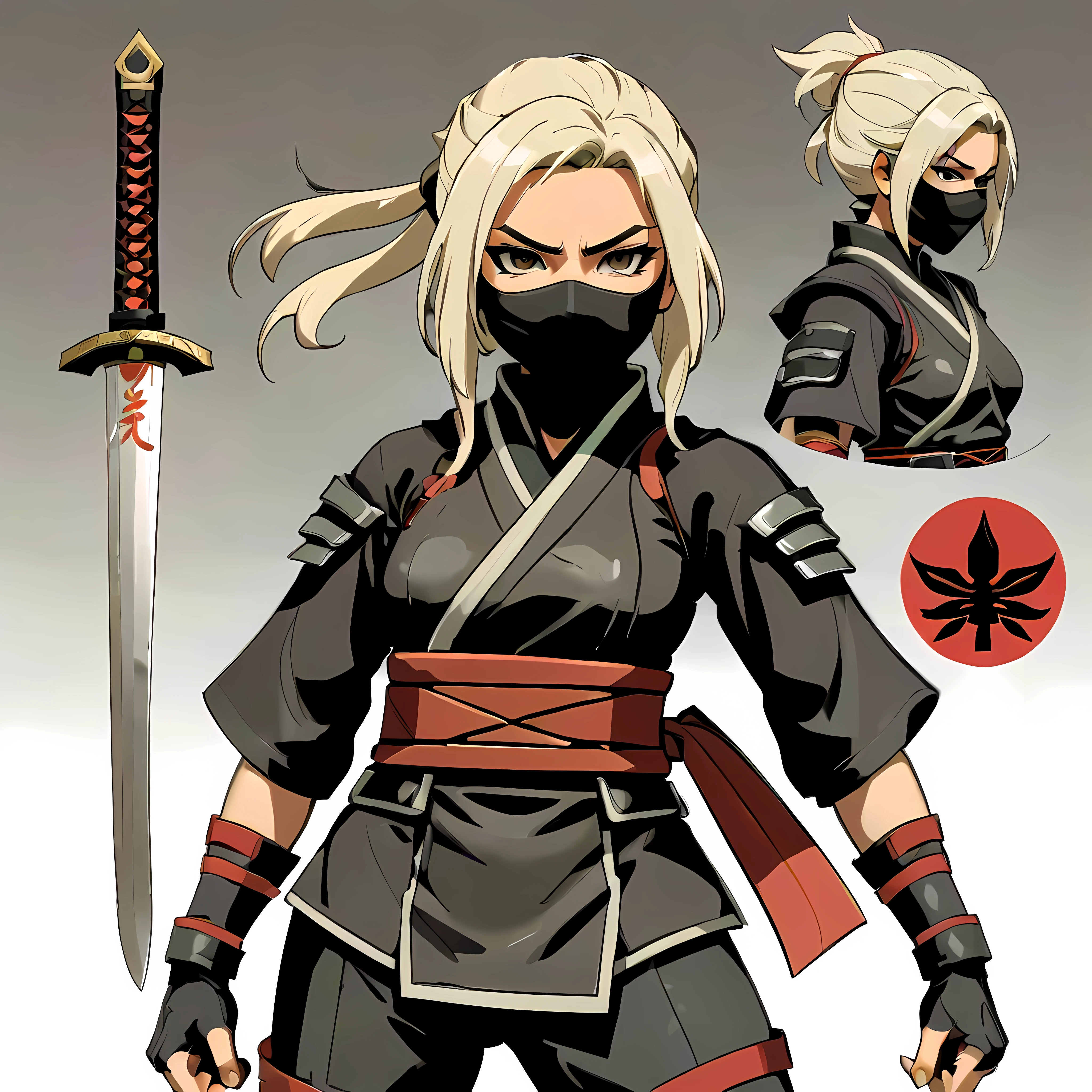 Close-up of a female in a ninja costume, ((character concept art)), ((character design sheet, same character, front, side, back)) maple story character art, video game character design, video game character design, maple story ninja girl, expert high detail concept art, metal sword concept art, cute character design, Female with ninja mask, gravity rush inspiration, shuriken tar. Concept art, belt buckle at waist, ninja weapon