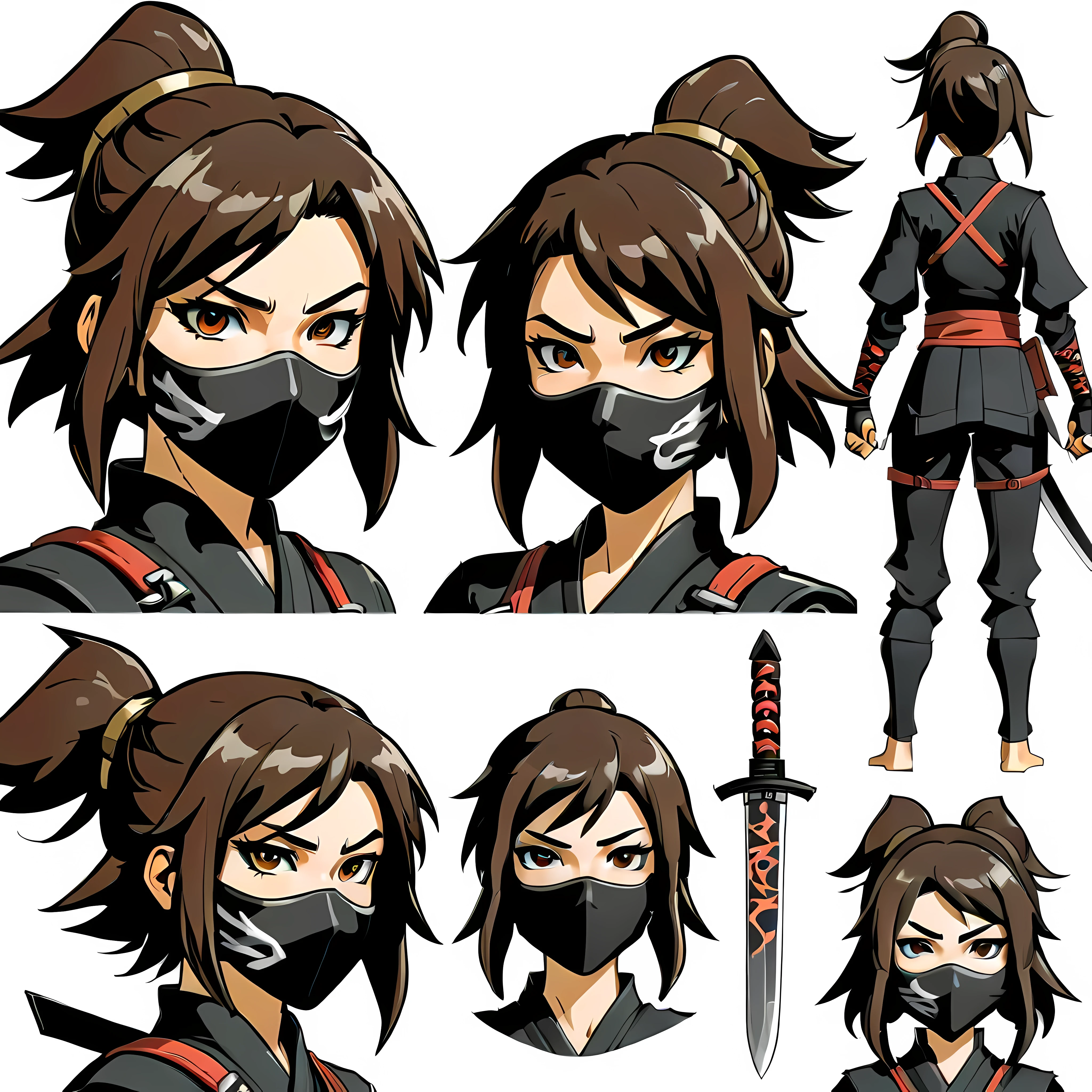 Close-up of a female in a ninja costume, ((character concept art)), ((character design sheet, same character, front, side, back)) maple story character art, video game character design, video game character design, maple story ninja girl, expert high detail concept art, metal sword concept art, cute character design, Female with ninja mask, gravity rush inspiration, shuriken tar. Concept art, belt buckle at waist, ninja weapon