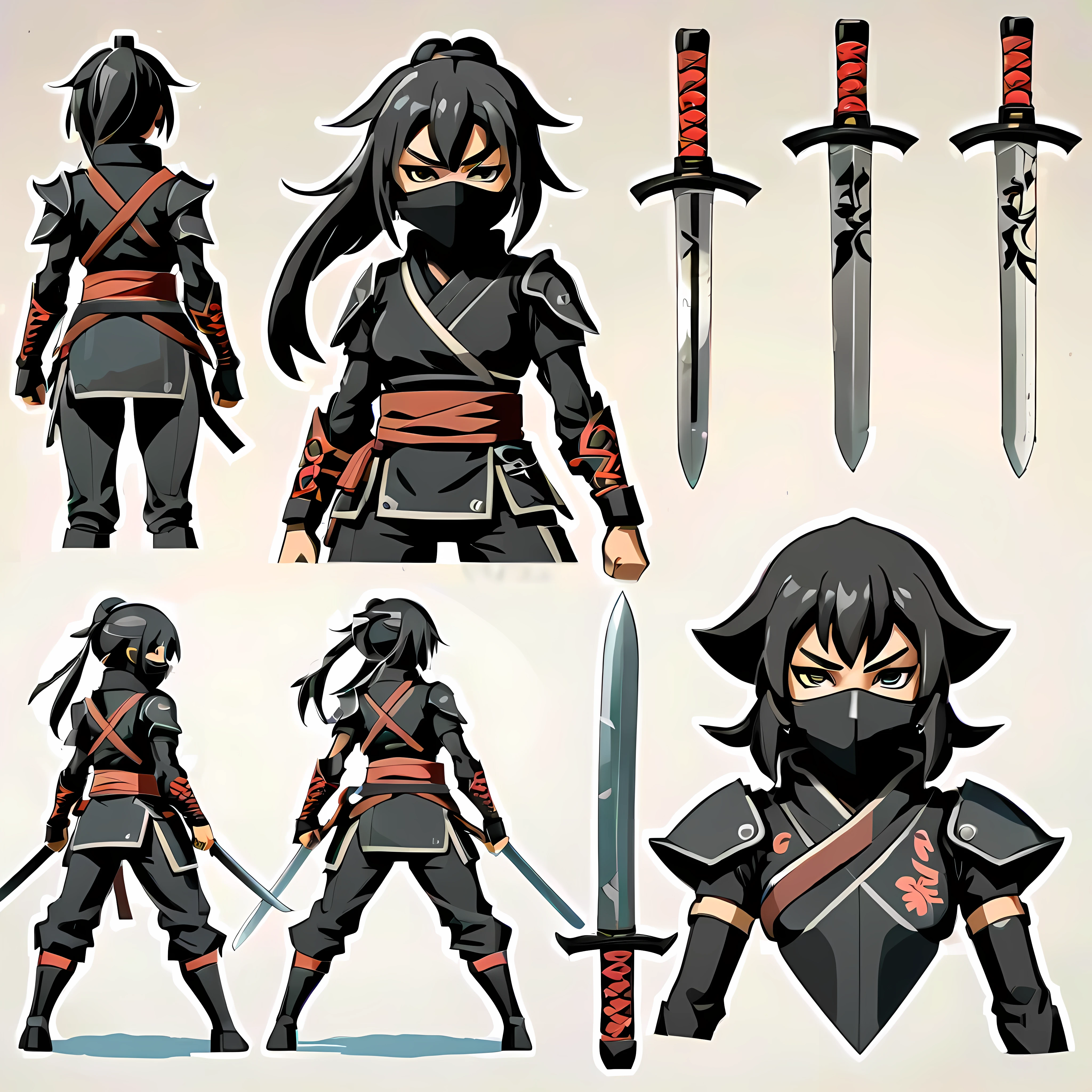 Close-up of a female in a ninja costume, ((character concept art)), ((character design sheet, same character, front, side, back)) maple story character art, video game character design, video game character design, maple story ninja girl, expert high detail concept art, metal sword concept art, cute character design, Female with ninja mask, gravity rush inspiration, shuriken tar. Concept art, belt buckle at waist, ninja weapon