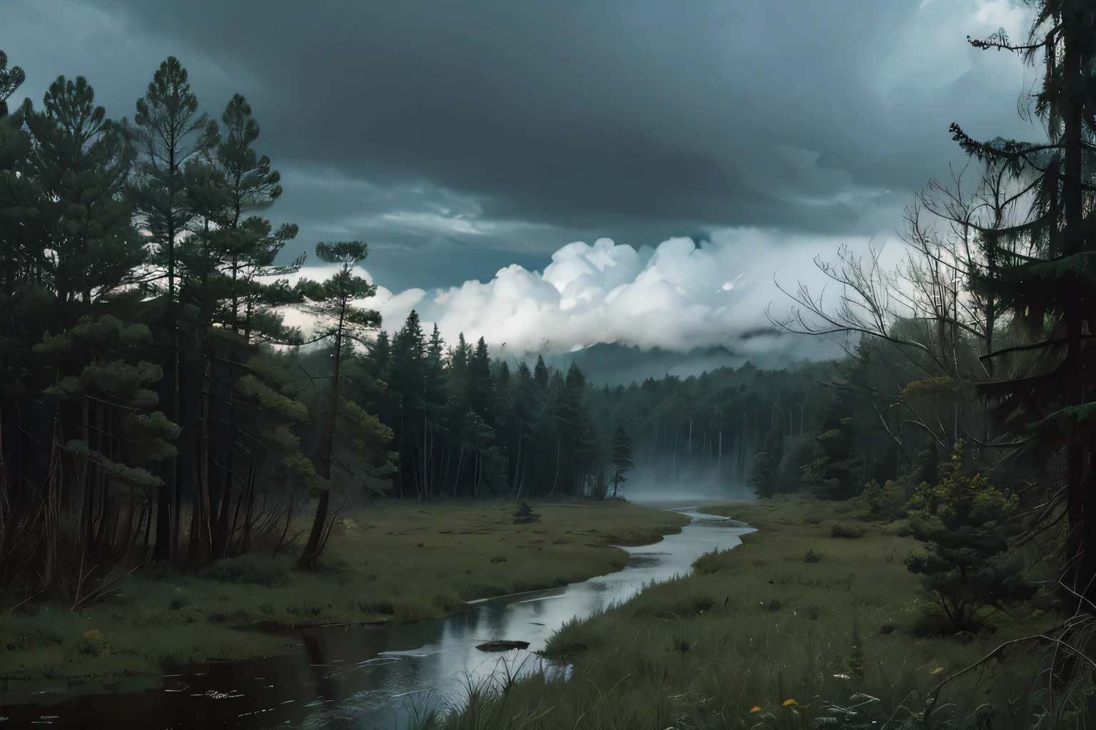 cloudy sky, Dense forest, swamp, the squirrel, dull colors, fog, manhwa style