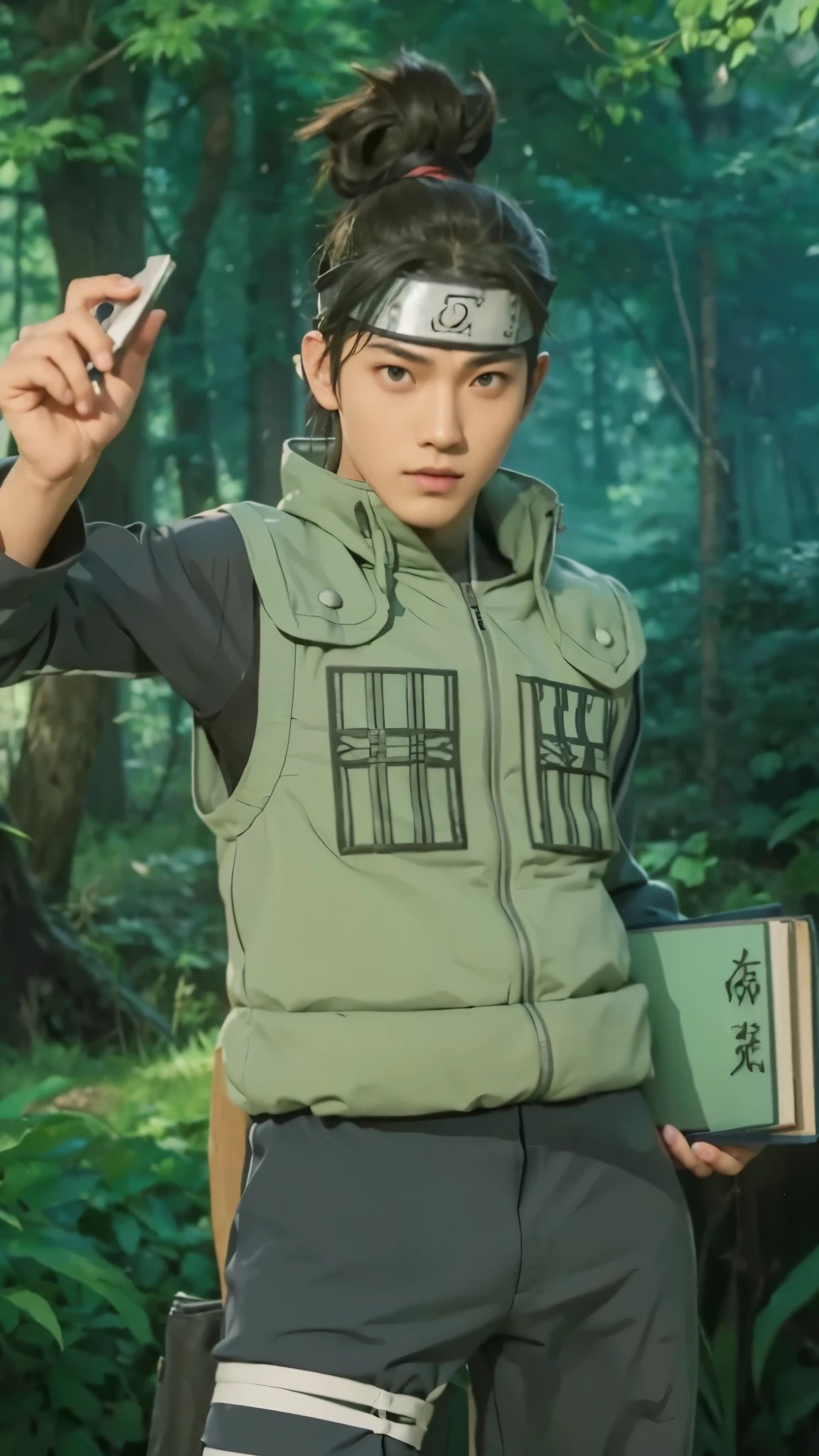 Real life adaption of this character,his name is Iruka from anime Naruto, adult handsome face, (realistic same Hair tied up), ((realistic same outfit)), realistic headband,hyper realistic, realistic background , realistic light, realistic shadow, realism,(photorealistic:1.2),right hand holding chalk,left holding book
