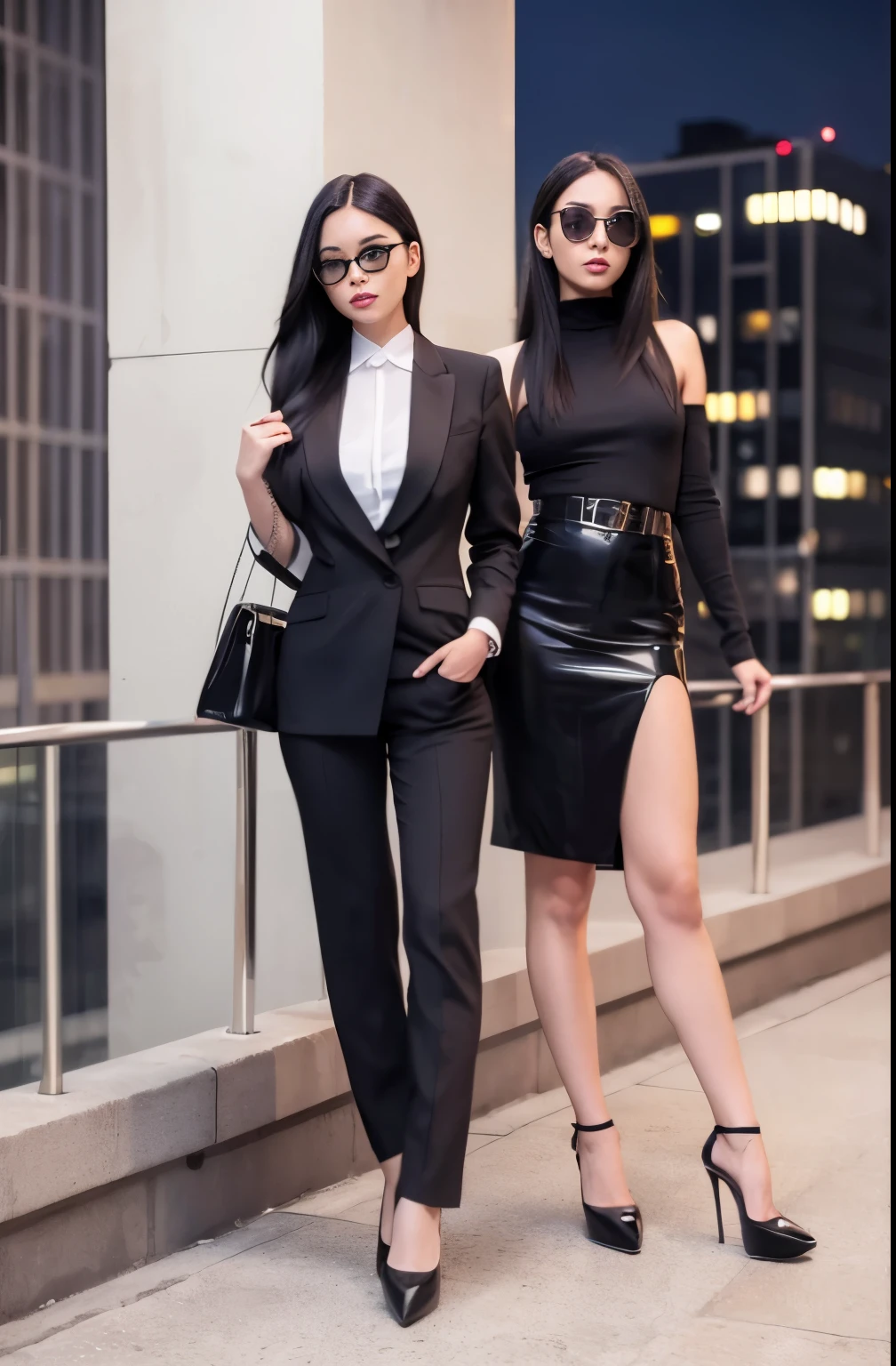 2 woman, dressed professionally, same outfit, standing pose, long black hair, perfect hair, perfect face, high heels, bright lips, standing tall, full body shot, the matrix film themed, sunglasses, in the rooftop, at night, 90's colour grade