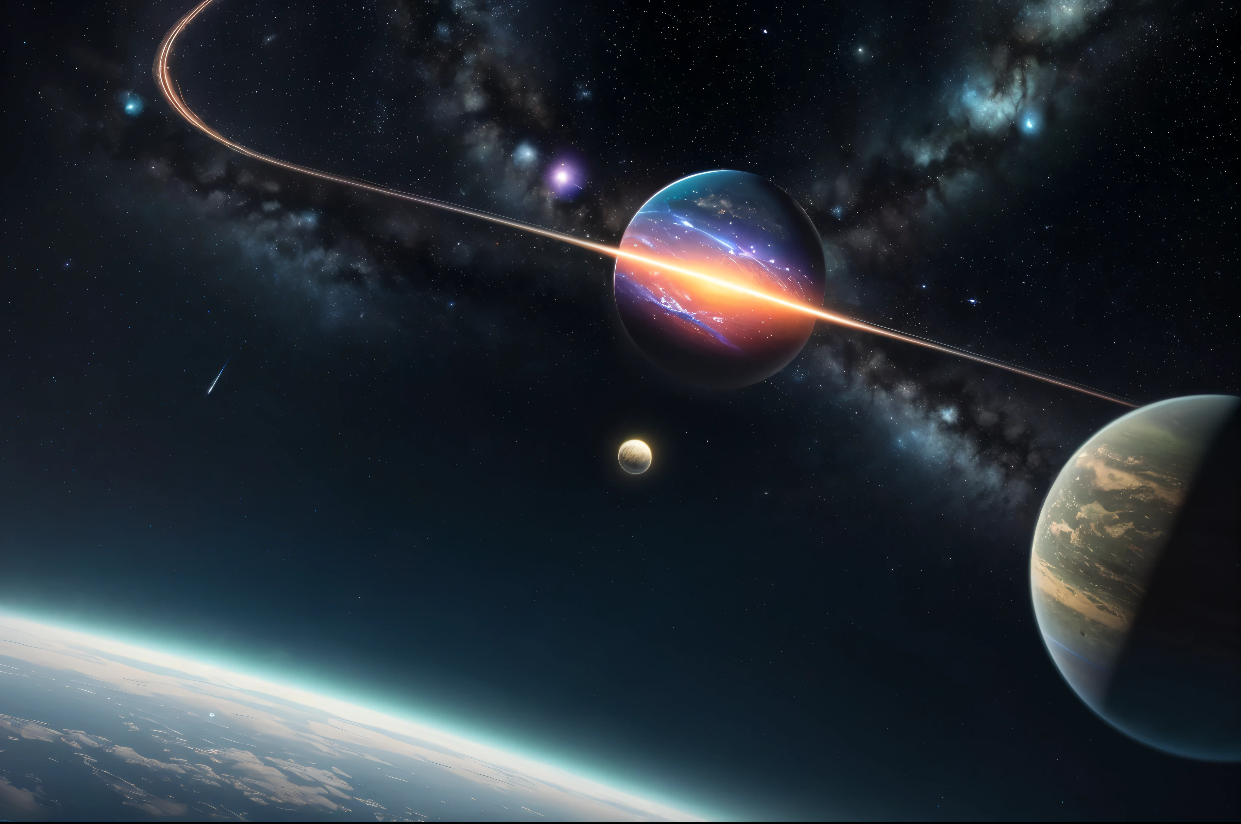 Dublex (((8k)))) Very detailed rendering of HD photos (((Irridescent color)))planetes,cyber punk perssonage,Dark green and blue,universe background,starrysky,Saturn,Ball ring