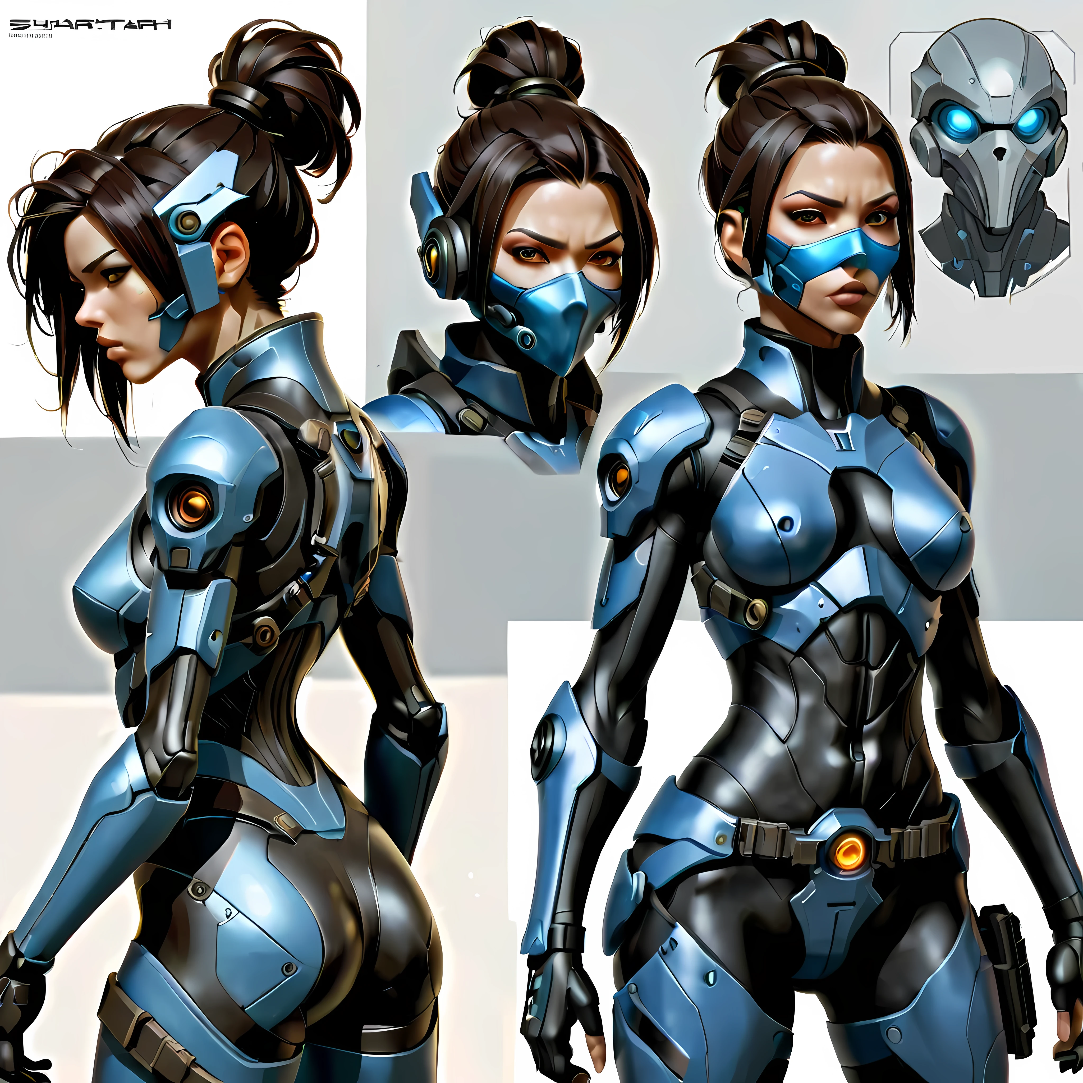 Close-up of a female in a high tech body suit, ((character concept art)), ((character design sheet, same character, front, side, back)), StarCraft character art, video game character design, video game character design, StarCraft ghost girl, expert high detail concept art, science fiction gun concept art, sexy character design, Female with StarCraft Ghost mask, StarCraft inspiration, shuriken. Concept art, belt buckle at waist, Science fiction weapon,