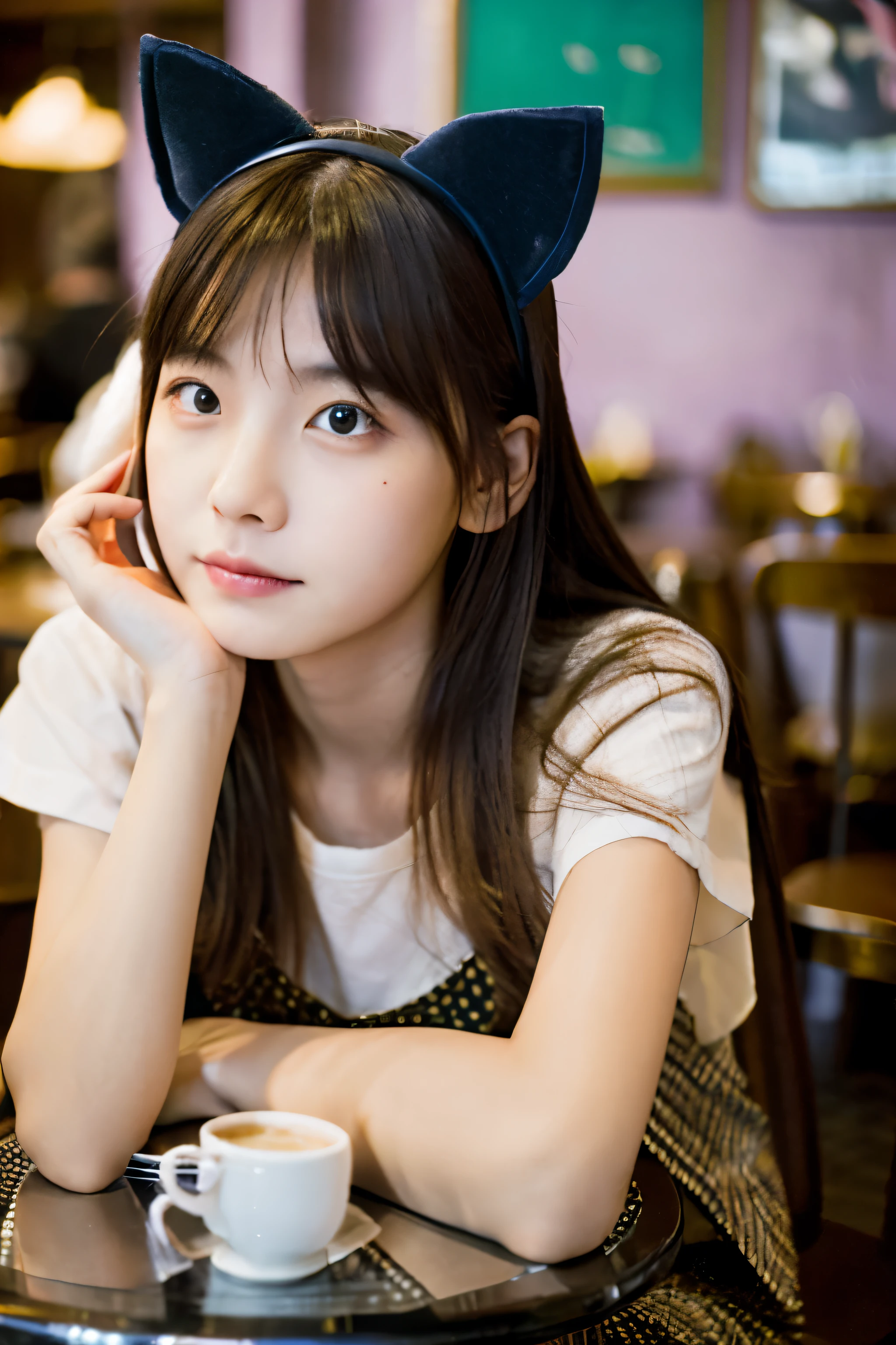 table top, highest quality, Portrait of one girl、A little grumpy face、date at a cafe、wearing cat ears