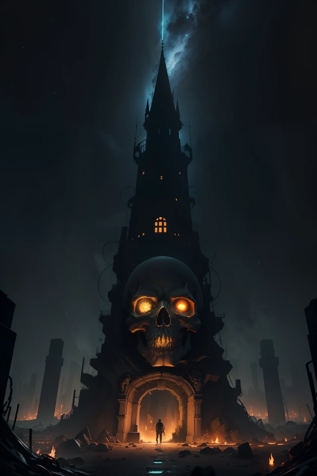 Amidst the enchanting backdrop of a starry night, a silhouetted figure with a fire skull instead of a head stands before an underground entrance, his eyes widening in disbelief as he exclaims, "Bloody hell!" The scene is vividly brought to life in a pixel-based, HDR style, every detail meticulously rendered to create a captivating atmosphere. The fire skull, a spectacle of intricate pixels and intense contrast, seems to glow ominously against the dark expanse of the night sky. The underground entrance, a qwertyuiop-like maze of twists and turns, looms ominously in the background, beckoning the