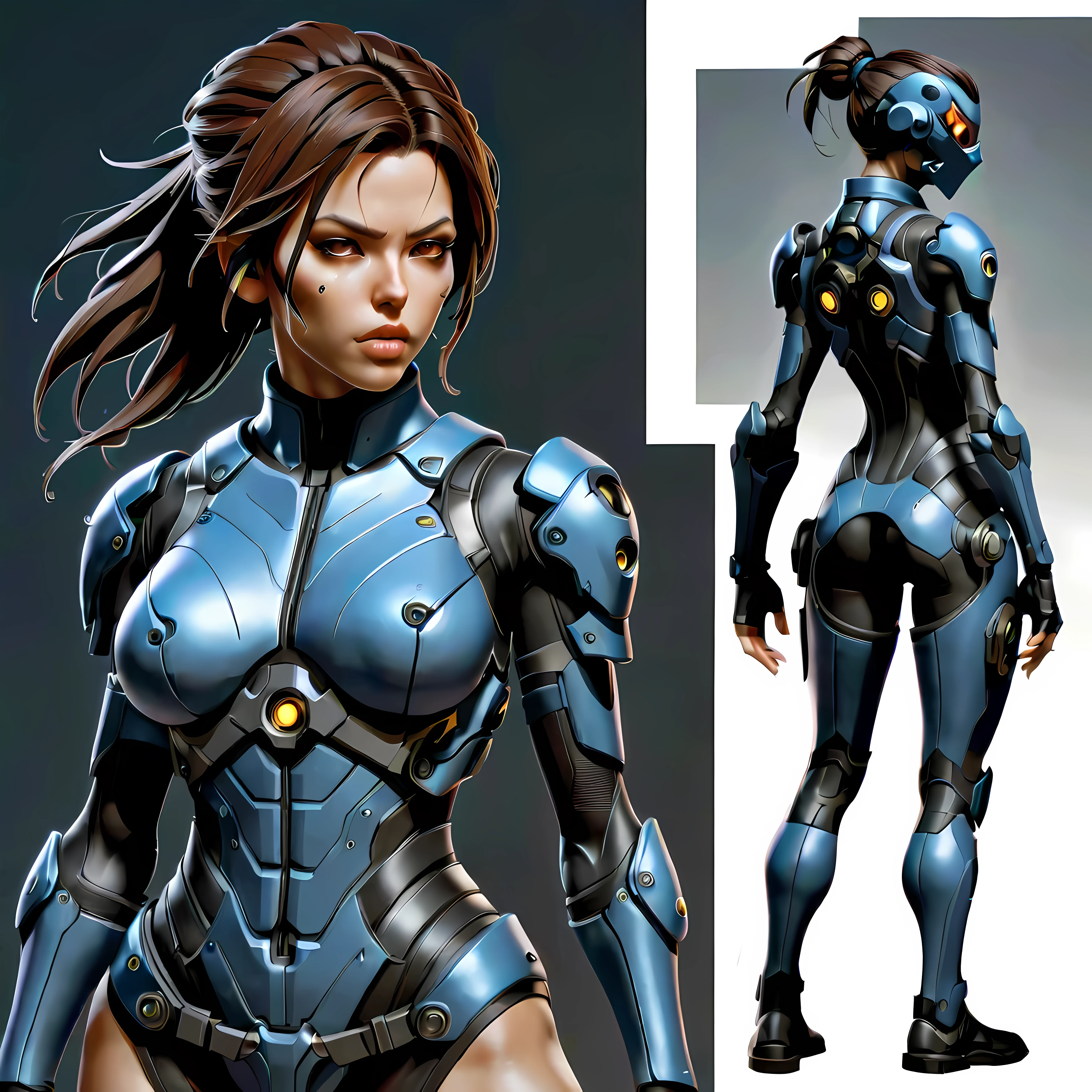 Close-up of a female in a high tech body suit, ((character concept art)), ((character design sheet, same character, front, side, back)), StarCraft character art, video game character design, video game character design, StarCraft ghost girl, expert high detail concept art, science fiction gun concept art, sexy character design, Female with StarCraft Ghost mask, StarCraft inspiration, shuriken. Concept art, belt buckle at waist, Science fiction weapon,