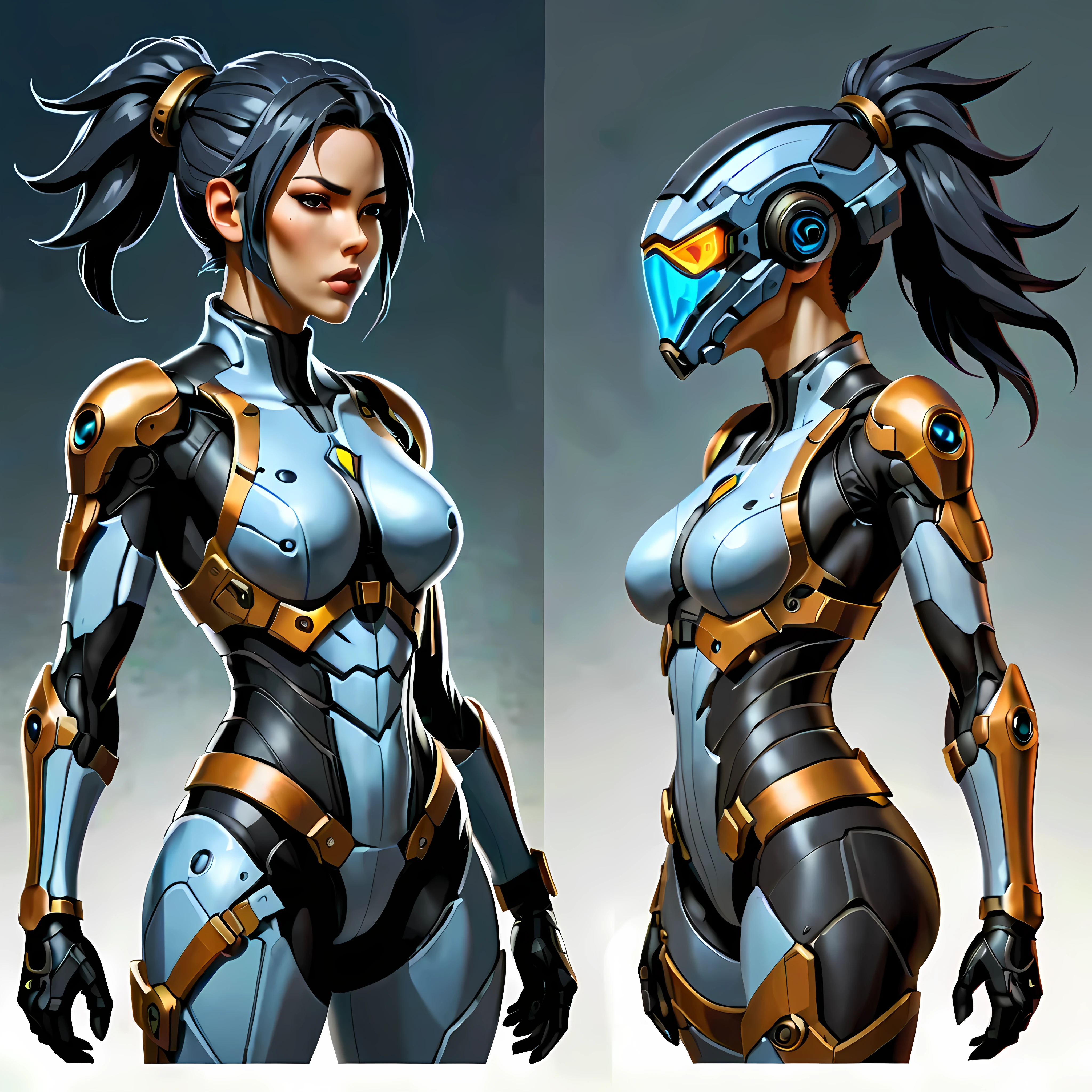 Close-up of a female in a high tech body suit, ((character concept art)), ((character design sheet, same character, front, side, back)), StarCraft character art, video game character design, video game character design, StarCraft ghost girl, expert high detail concept art, science fiction gun concept art, sexy character design, Female with StarCraft Ghost mask, StarCraft inspiration, shuriken. Concept art, belt buckle at waist, Science fiction weapon,