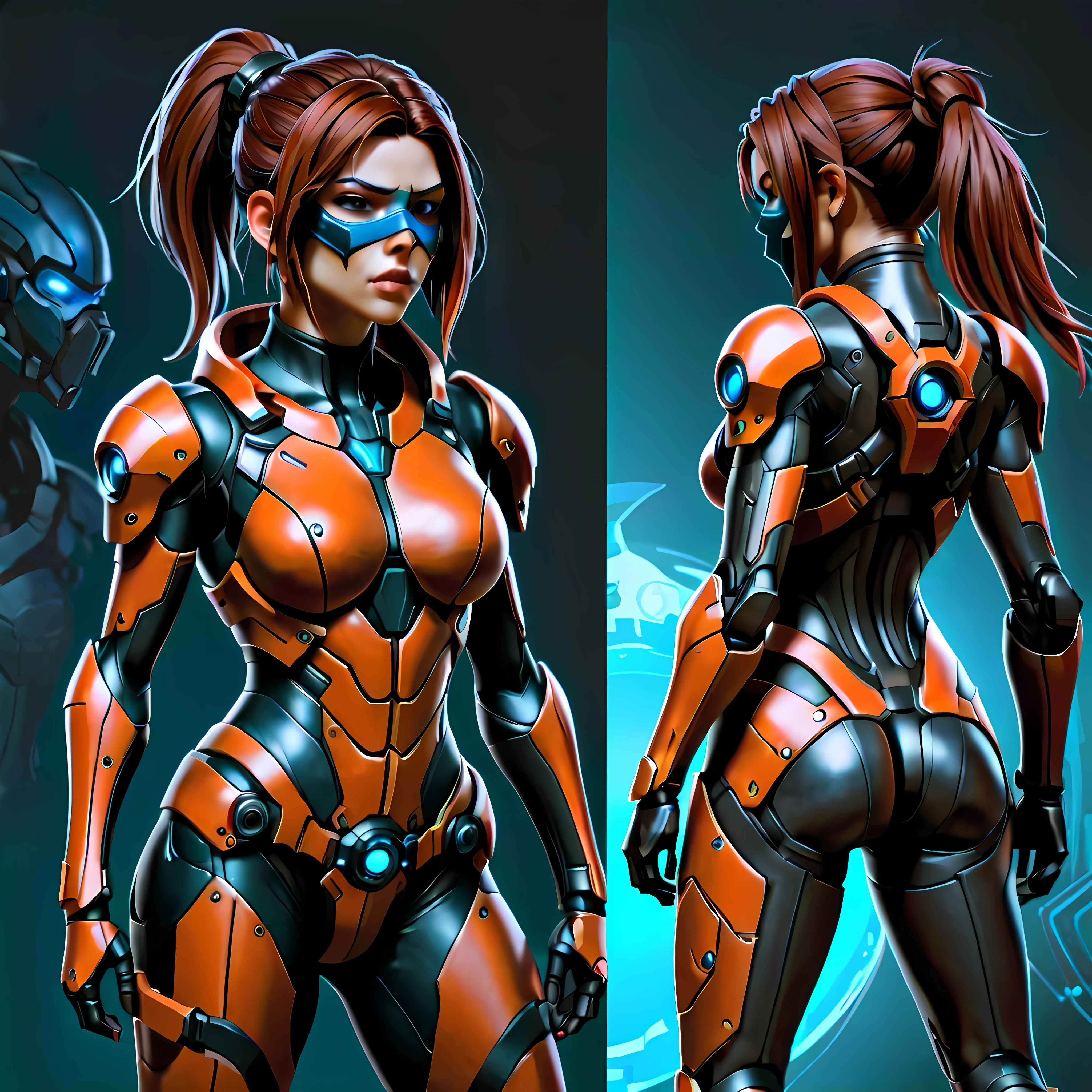 Close-up of a female in a high tech body suit, ((character concept art)), ((character design sheet, same character, front, side, back)), StarCraft character art, video game character design, video game character design, StarCraft ghost girl, expert high detail concept art, science fiction gun concept art, sexy character design, Female with StarCraft Ghost mask, StarCraft inspiration, shuriken. Concept art, belt buckle at waist, Science fiction weapon,