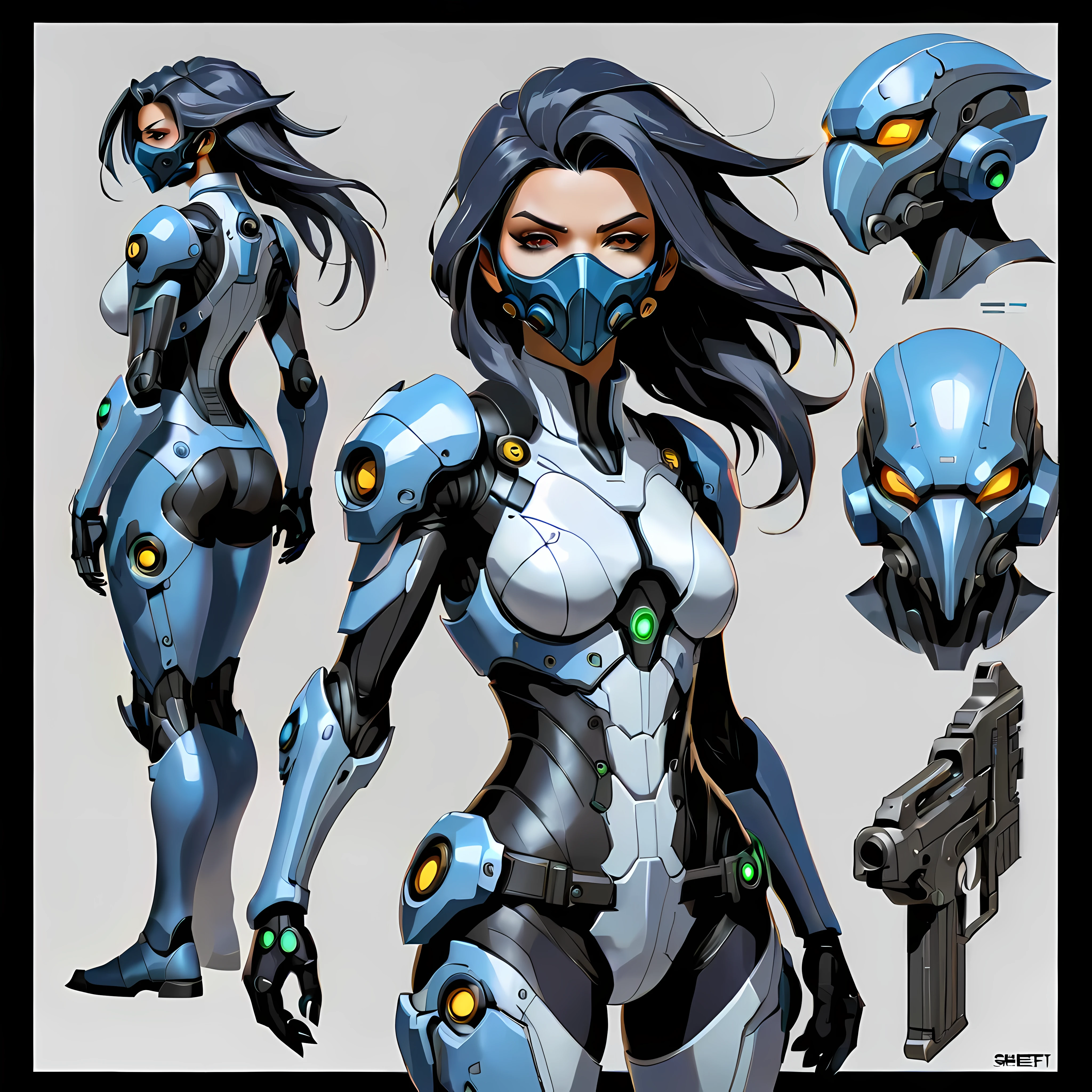 Close-up of a female in a high tech body suit, ((character concept art)), ((character design sheet, same character, front, side, back)), StarCraft character art, video game character design, video game character design, StarCraft ghost girl, expert high detail concept art, science fiction gun concept art, sexy character design, Female with StarCraft Ghost mask, StarCraft inspiration, shuriken. Concept art, belt buckle at waist, Science fiction weapon,