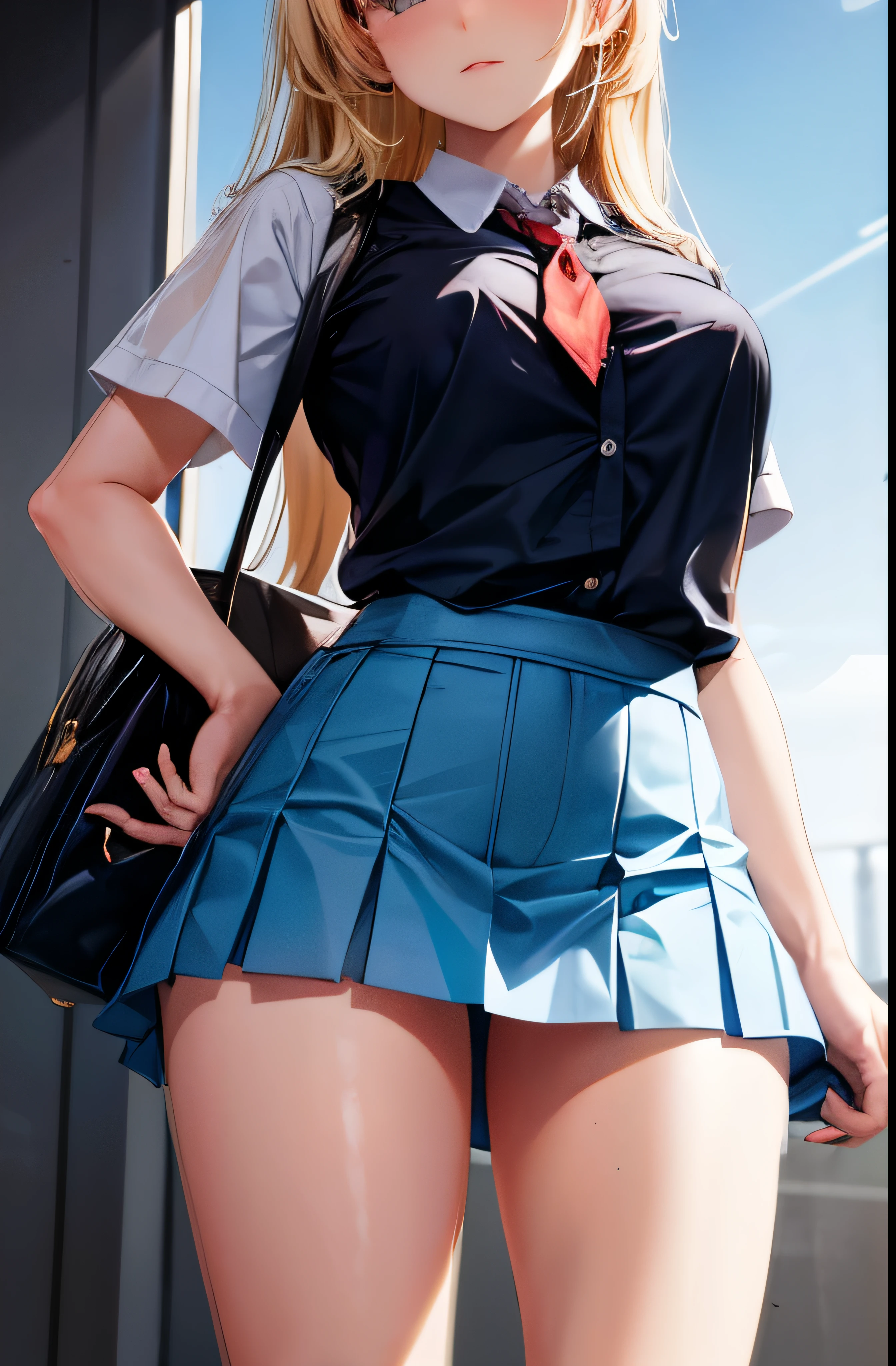 angle from below, a woman, straddling on the stone-bollard, small breasts, (showing off her super detailed drawing panties), various patterned unbuttoned casual-dress, skirt, (round face), eyes with realistic sizing, drooping eyes, enjoying masturbate, outside, added lipstick, tiny earrings, blond, braid, angle from below, leaning hip, 