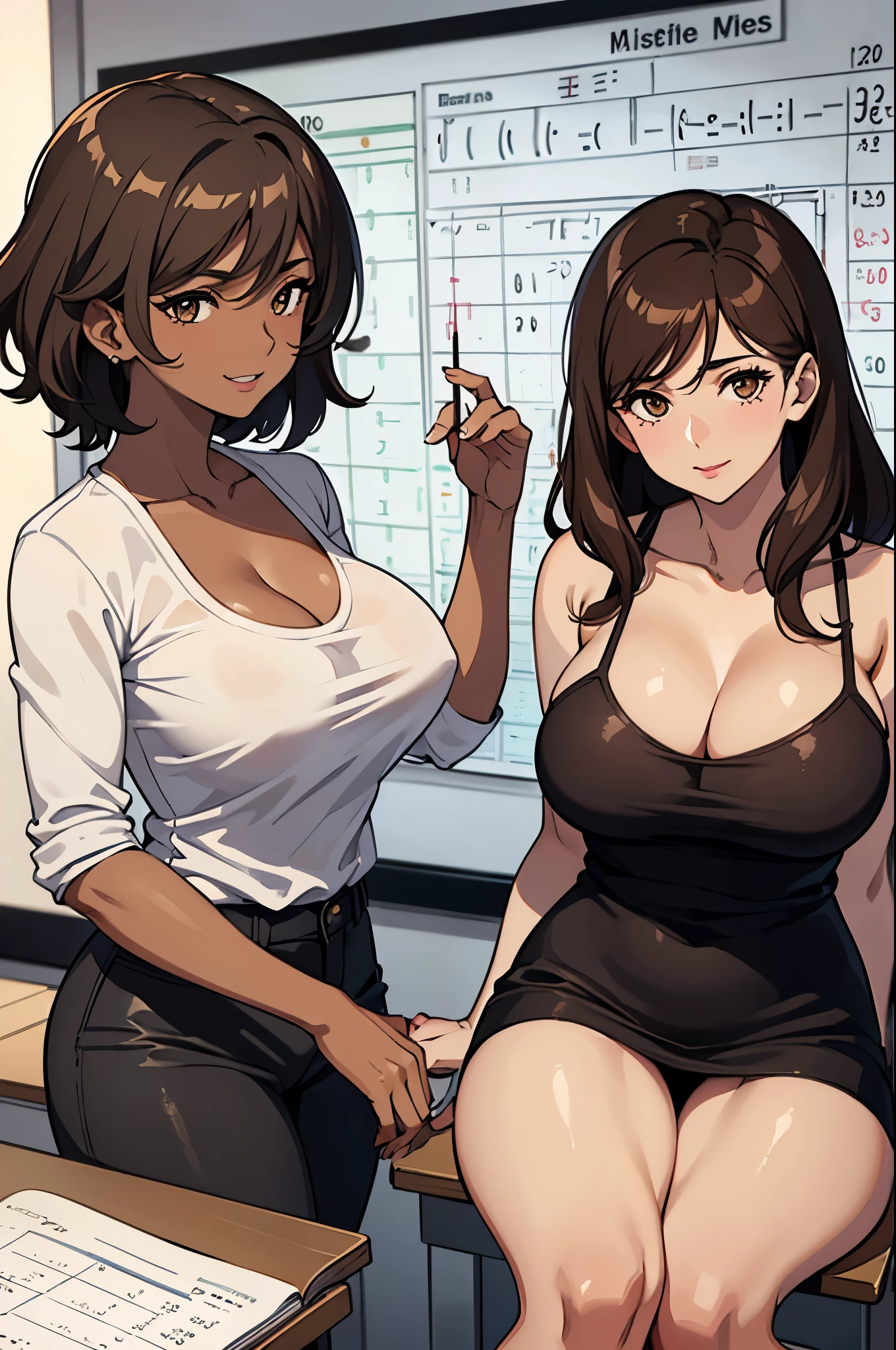 {((Obra Maestra), MILF, Woman around 45 years old, dark skin, brown hair, cleavage, Math Teacher, naked