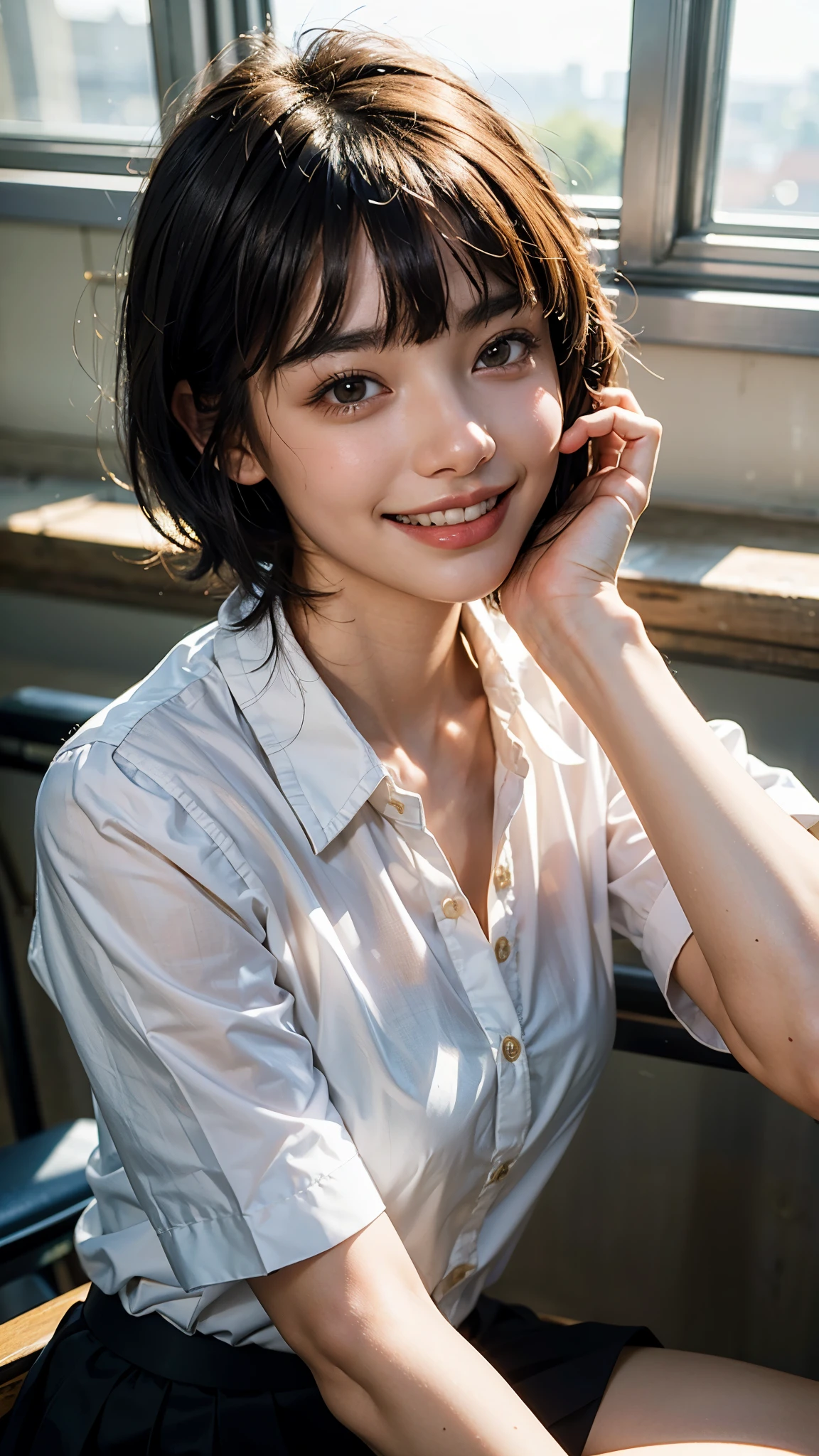 highest quality, masterpiece, Ultra-high resolution,8k, (Realistic:1.6), (Facing portraits) RAW Photos, 1 girl,(Full of smiles, Showing teeth)), 22 years old,((Blouse only)),((Small panties)),((Jet black short hair)),((Wear a bandana on your head)),((Looking up at the audience)),Face Focus:1.4,((Simple solid color background)), Image Media Chest)),((Smiling with teeth showing)),