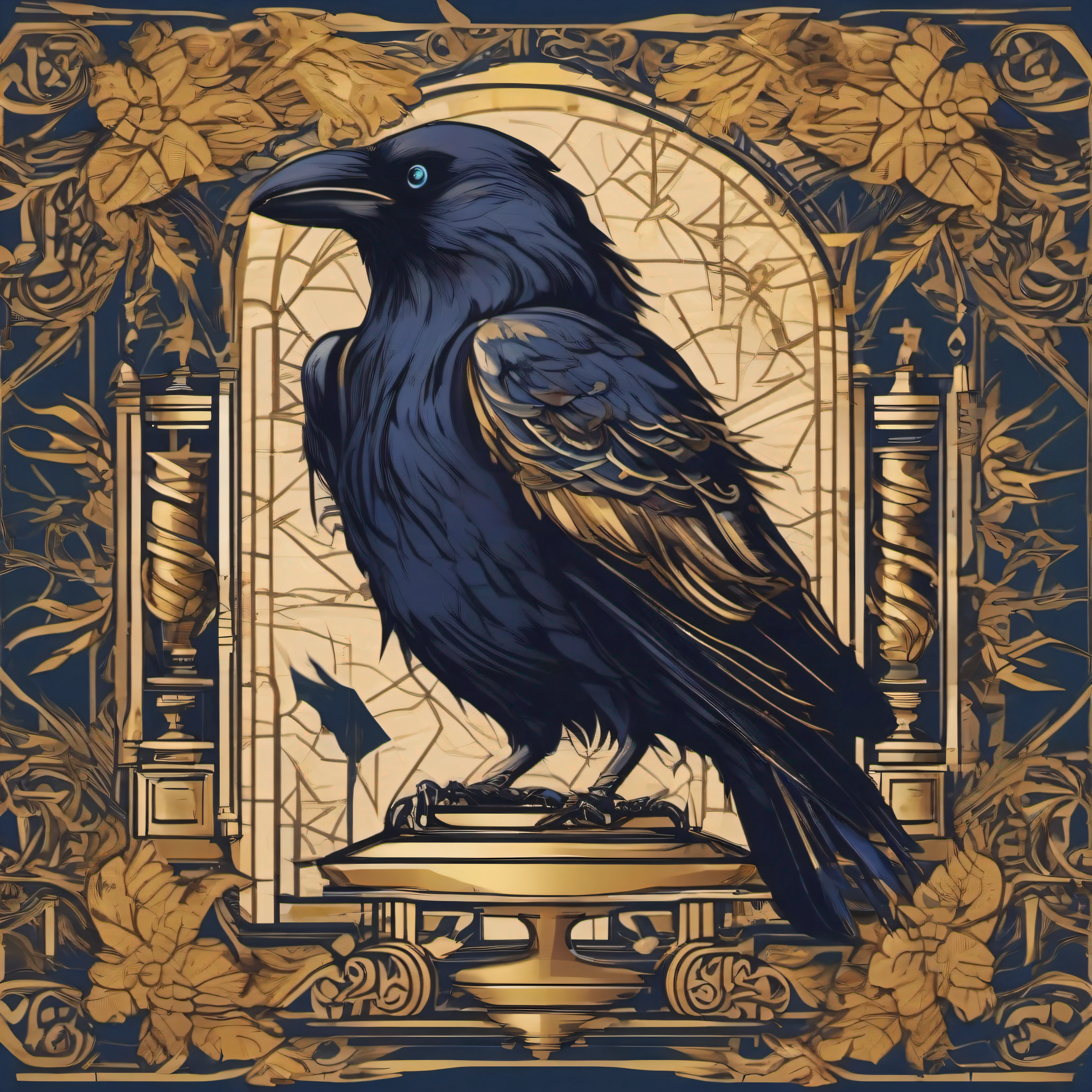 As a symbol of wisdom and time、Create a logo with the image of a beautiful crow next to the hourglass。The crow is represented by a silhouette、The hourglass is designed with attention to detail、Combine sophisticated fonts to complete your logo。The logo color scheme includes::::::、Use dark blue and gold colors、Expressing nobility and intelligence。