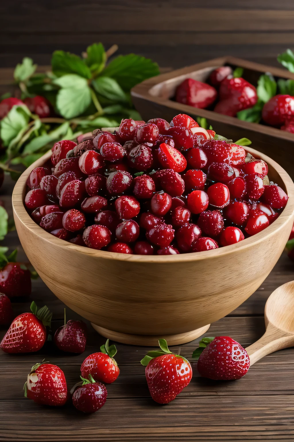 a bowl of strawberries with a wooden spoon and leaves immersed in cranberries, “berries, strawberry helmet, strawberry figurine, berries, strawberries, carefully thought out composition, 3 4 5 3 1, Excellent quality, amazing quality, organic fertilizer, Bestseller, Elegant high quality, amazing quality, crushed berries, natural beauty, cherry, exclusive, amazing quality