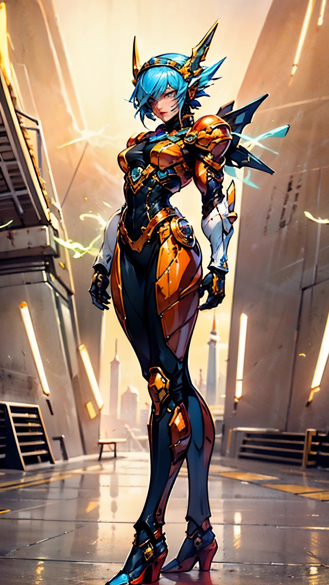 A woman adorned in fantasy-style full-body armor, a crown-concept fully enclosed helmet that unveils only her eyes, a composite layered chest plate, fully encompassing shoulder and hand guards, a lightweight waist armor, form-fitting shin guards, the overall design is heavy-duty yet flexible, ((the armor gleams with a golden glow, complemented by red and blue accents)), exhibiting a noble aura, she floats above a fantasy-surreal high-tech city, this character embodies a finely crafted fantasy-surreal style armored hero in anime style, exquisite and mature manga art style, (Queen bee mixed with Spider concept Armor, plasma, blood), ((Element, energy, elegant, goddess, femminine:1.5)), metallic, high definition, best quality, highres, ultra-detailed, ultra-fine painting, extremely delicate, professional, anatomically correct, symmetrical face, extremely detailed eyes and face, high quality eyes, creativity, RAW photo, UHD, 32k, Natural light, cinematic lighting, masterpiece-anatomy-perfect, masterpiece:1.5