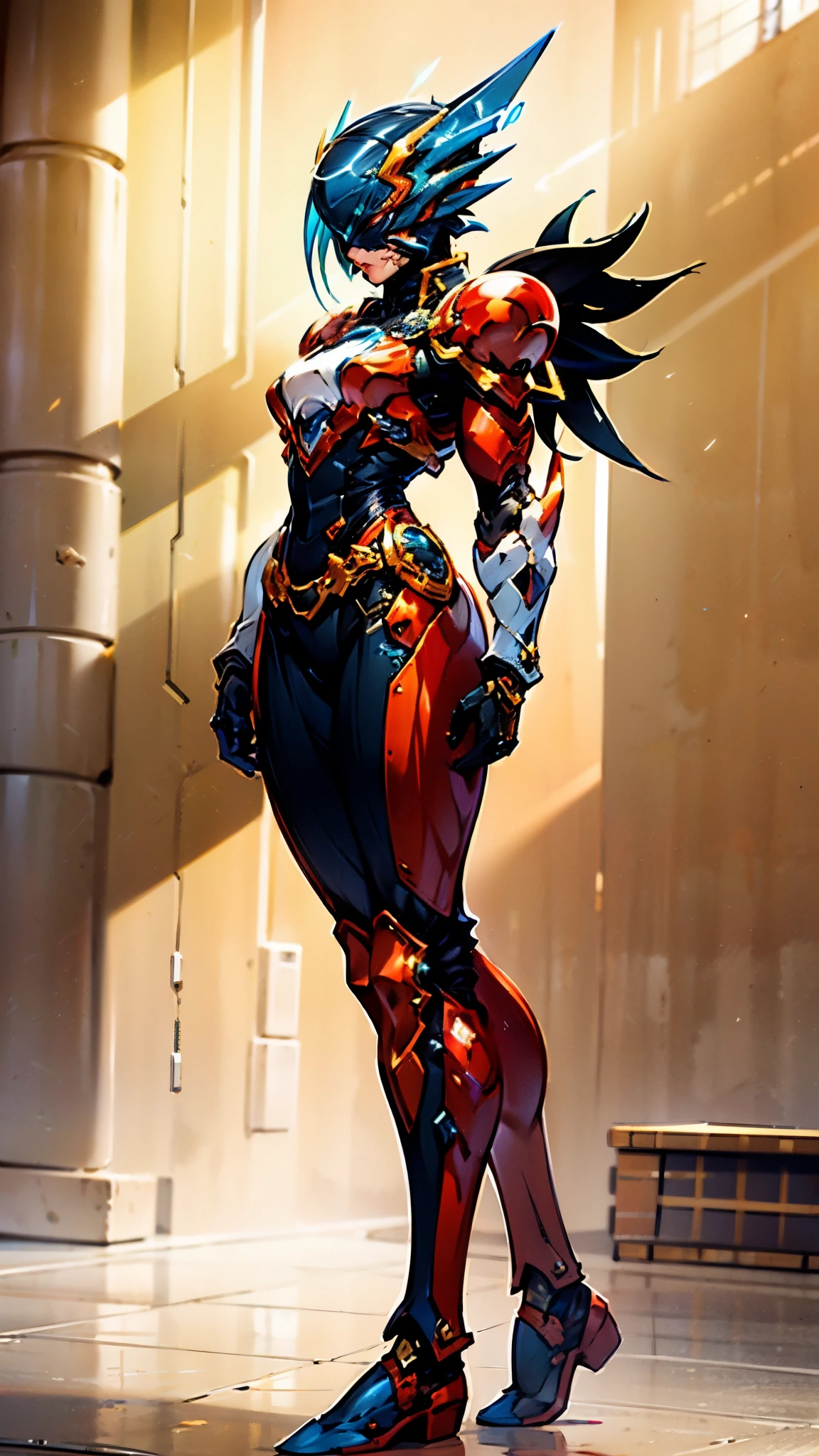 A woman adorned in fantasy-style full-body armor, a crown-concept fully enclosed helmet that unveils only her eyes, a composite layered chest plate, fully encompassing shoulder and hand guards, a lightweight waist armor, form-fitting shin guards, the overall design is heavy-duty yet flexible, ((the armor gleams with a golden glow, complemented by red and blue accents)), exhibiting a noble aura, she floats above a fantasy-surreal high-tech city, this character embodies a finely crafted fantasy-surreal style armored hero in anime style, exquisite and mature manga art style, (Queen bee mixed with Spider concept Armor, plasma, blood), ((Element, energy, elegant, goddess, femminine:1.5)), metallic, high definition, best quality, highres, ultra-detailed, ultra-fine painting, extremely delicate, professional, anatomically correct, symmetrical face, extremely detailed eyes and face, high quality eyes, creativity, RAW photo, UHD, 32k, Natural light, cinematic lighting, masterpiece-anatomy-perfect, masterpiece:1.5