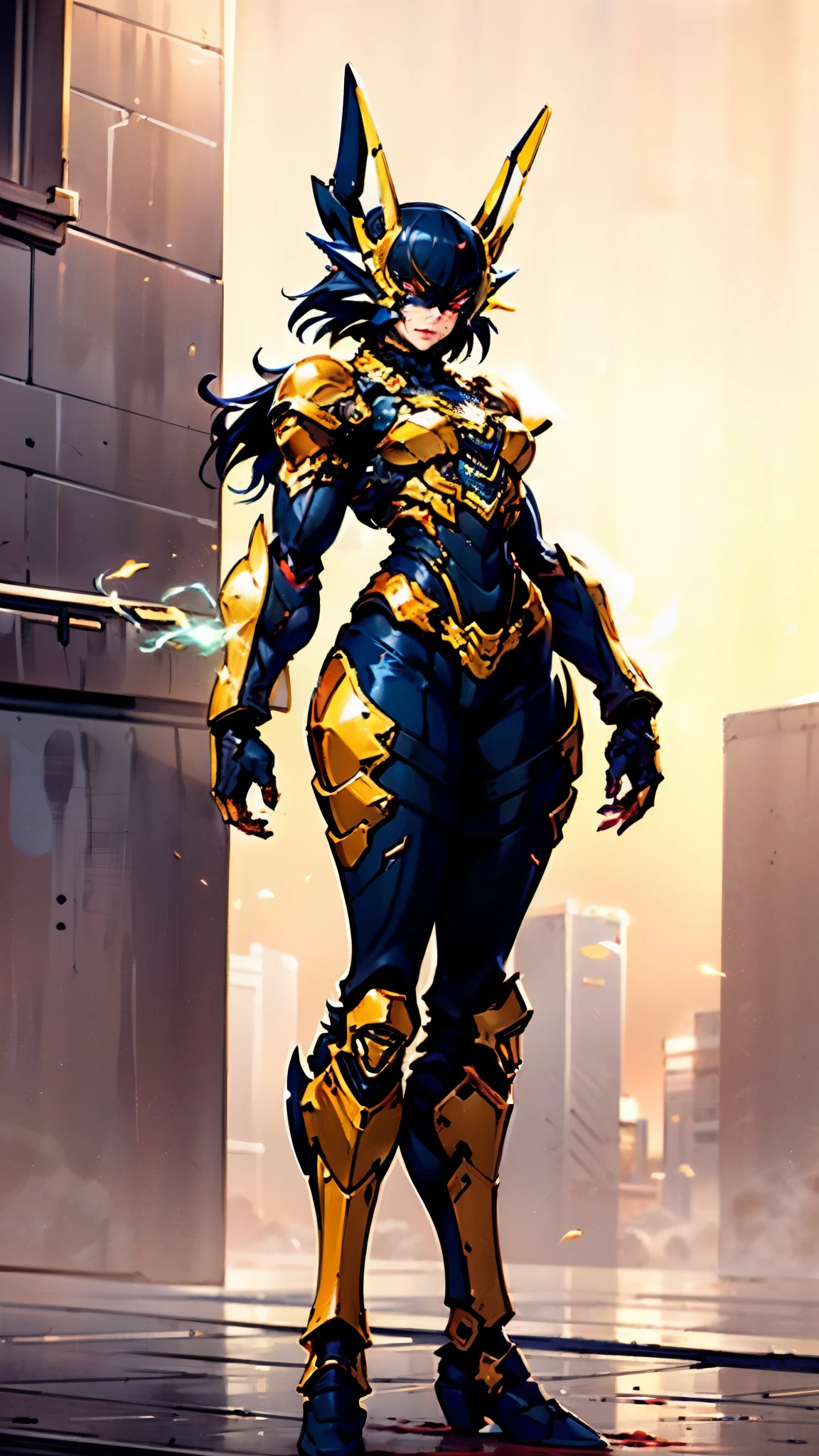 A woman adorned in fantasy-style full-body armor, a crown-concept fully enclosed helmet that unveils only her eyes, a composite layered chest plate, fully encompassing shoulder and hand guards, a lightweight waist armor, form-fitting shin guards, the overall design is heavy-duty yet flexible, ((the armor gleams with a golden glow, complemented by red and blue accents)), exhibiting a noble aura, she floats above a fantasy-surreal high-tech city, this character embodies a finely crafted fantasy-surreal style armored hero in anime style, exquisite and mature manga art style, (Queen bee mixed with Spider concept Armor, plasma, blood), ((Element, energy, elegant, goddess, femminine:1.5)), metallic, high definition, best quality, highres, ultra-detailed, ultra-fine painting, extremely delicate, professional, anatomically correct, symmetrical face, extremely detailed eyes and face, high quality eyes, creativity, RAW photo, UHD, 32k, Natural light, cinematic lighting, masterpiece-anatomy-perfect, masterpiece:1.5