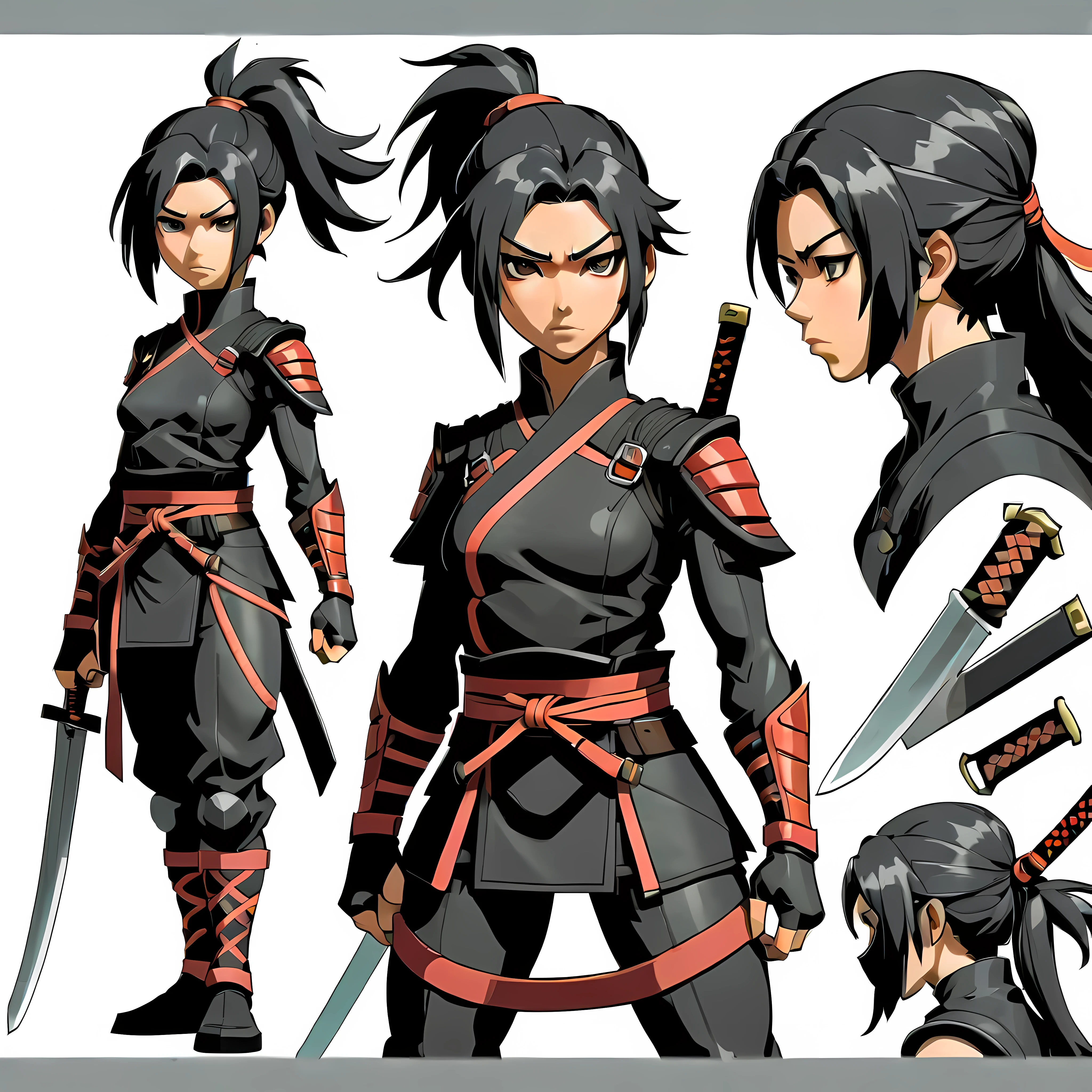 Close-up of a female in a ninja costume, ((character concept art)), ((character design sheet, same character, front, side, back)) maple story character art, video game character design, video game character design, maple story ninja girl, expert high detail concept art, metal sword concept art, cute character design, Female with ninja mask, gravity rush inspiration, shuriken tar. Concept art, belt buckle at waist, ninja weapon