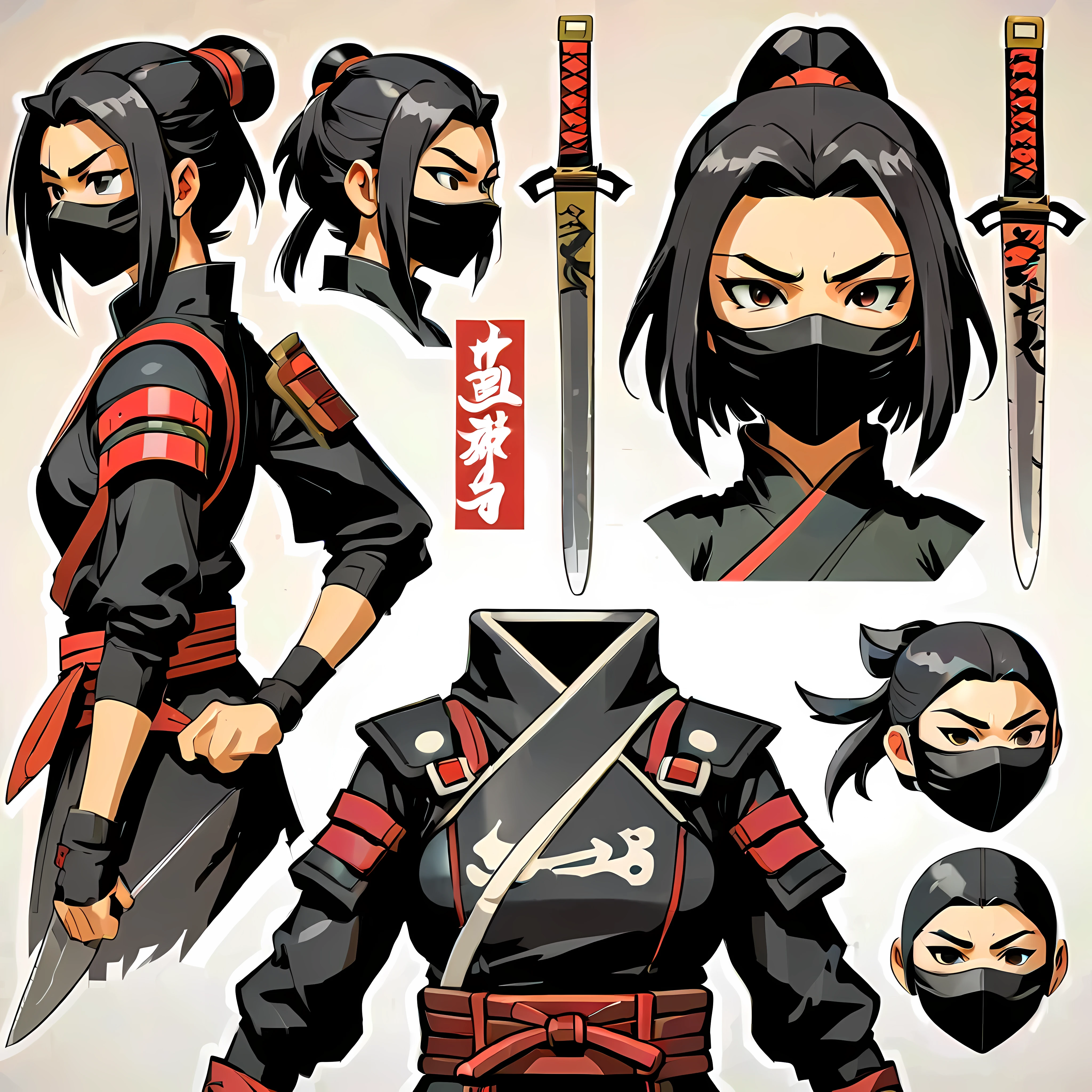 Close-up of a female in a ninja costume, ((character concept art)), ((character design sheet, same character, front, side, back)) maple story character art, video game character design, video game character design, maple story ninja girl, expert high detail concept art, metal sword concept art, cute character design, Female with ninja mask, gravity rush inspiration, shuriken tar. Concept art, belt buckle at waist, ninja weapon,