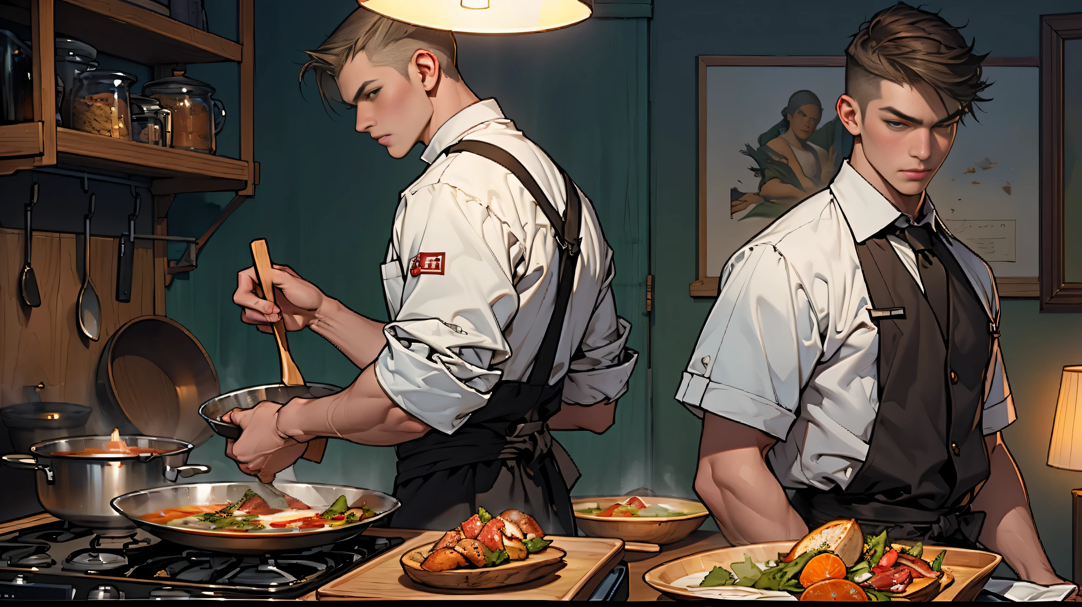 the animation shows african american chef in a cooking position, in the style of zhang jingna, handsome, kathrin longhurst, maximilien luce, heroic, contest winner, enchanting , 32k, best quality, masterpiece, super detail, high details