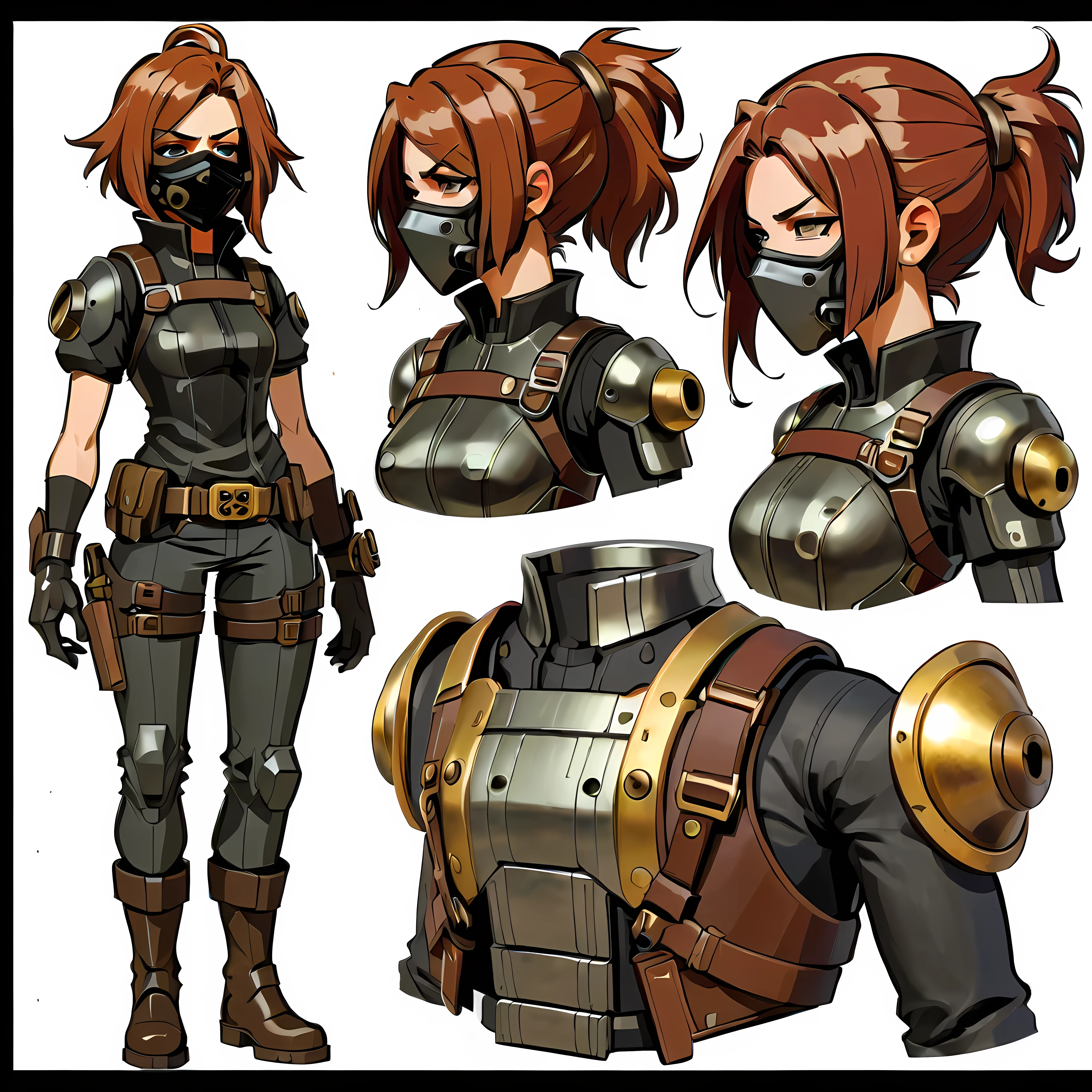 Close-up of a female in a gun costume, ((character concept art)), ((character design sheet, same character, front, side, back)) maple story character art, video game character design, video game character design, maple story gun girl, expert high detail concept art, metal bullet concept art, cute character design, Female with combat mask, gravity rush inspiration, sticky tar. Concept art, belt buckle at waist, steampunk weapon,