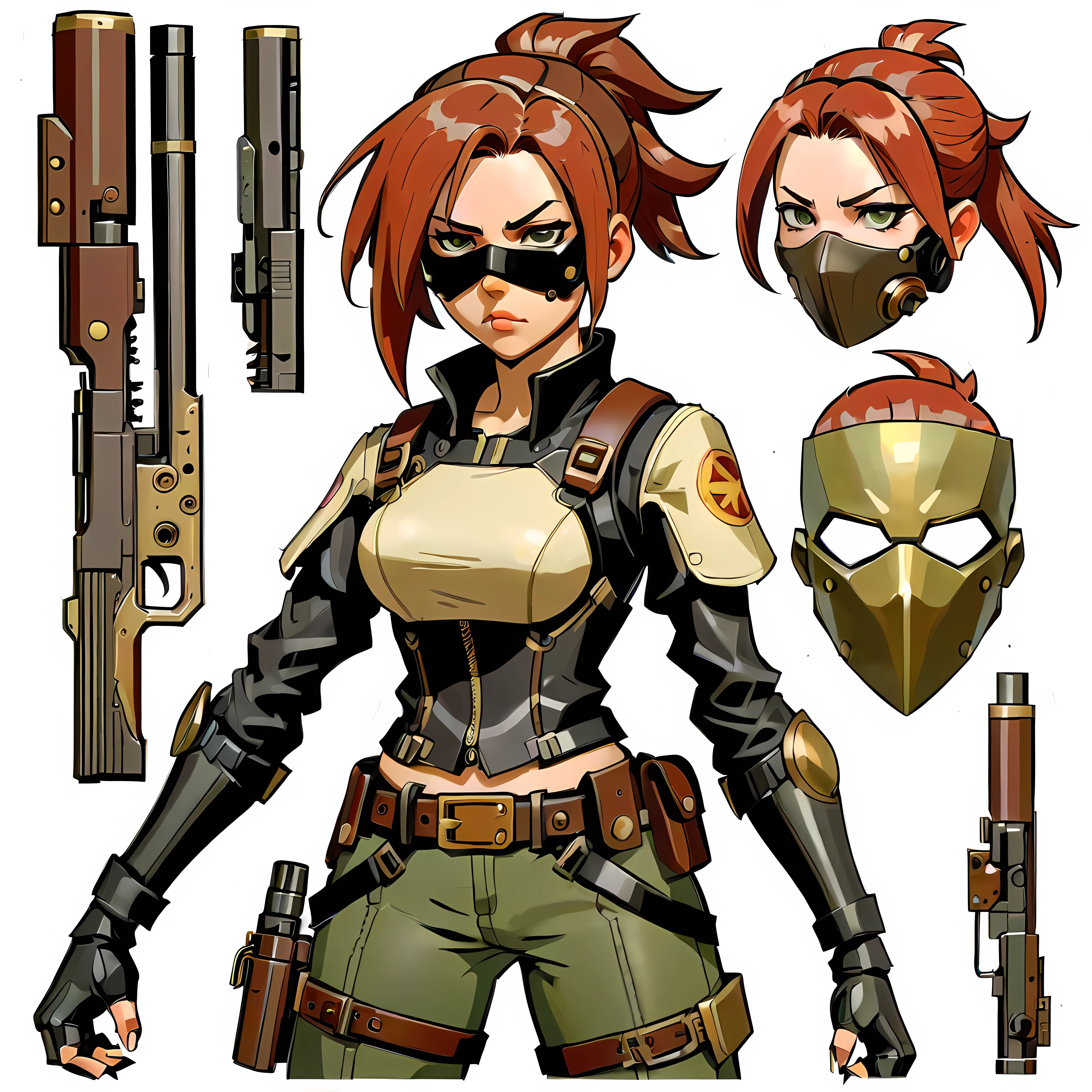 Close-up of a female in a gun costume, ((character concept art)), ((character design sheet, same character, front, side, back)) maple story character art, video game character design, video game character design, maple story gun girl, expert high detail concept art, metal bullet concept art, cute character design, Female with combat mask, gravity rush inspiration, sticky tar. Concept art, belt buckle at waist, steampunk weapon,