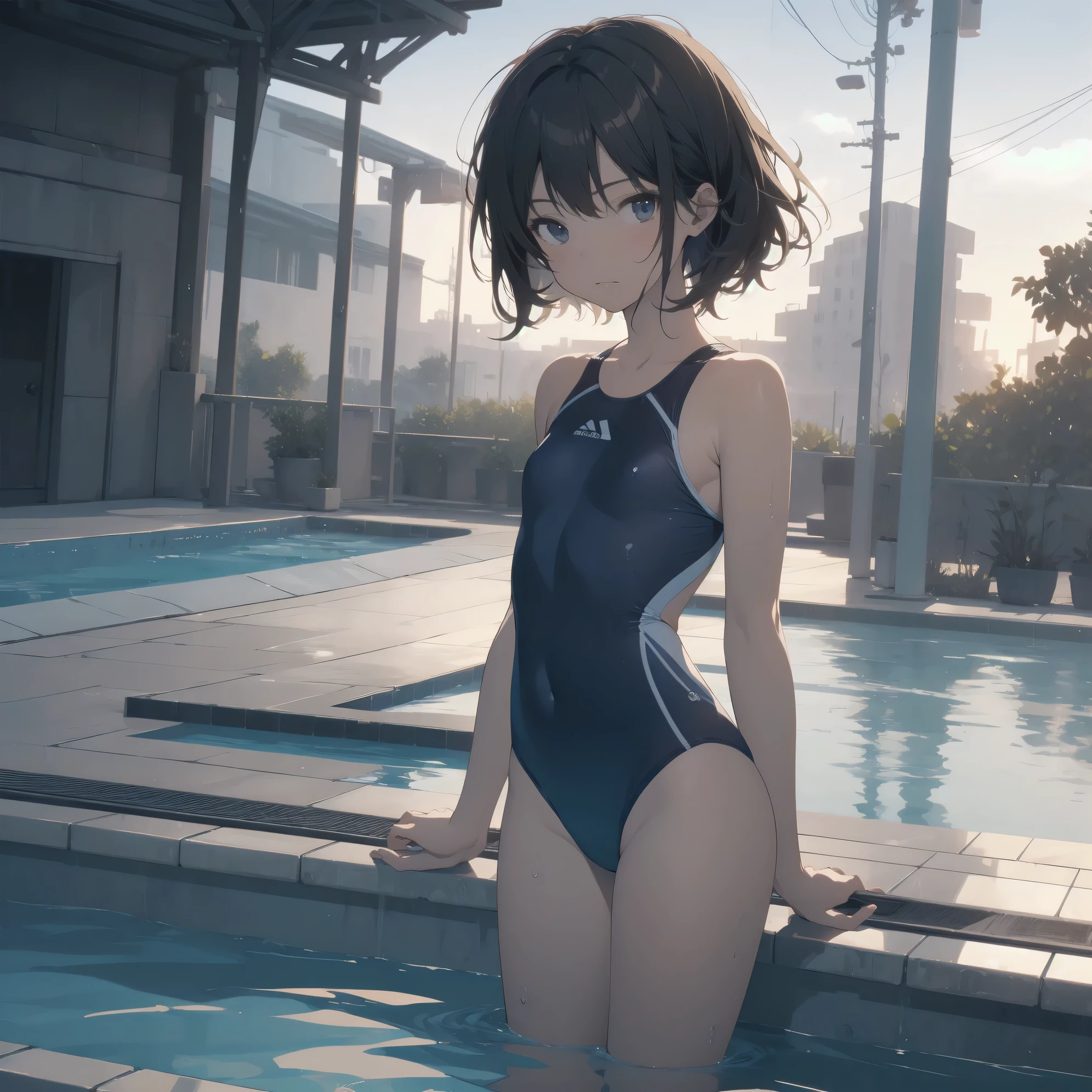 Super absurd quality by the god of art, super detailed, High resolution, anime moe art style, Best Anime 8K Kona-chan Wallpaper, pixiv contest winner, perfect anatomy, break,(Please draw a picture of a girl standing sleepily by the pool in a blue ワンピースwater着. )break,1 girl, (alone, woman, baby fears old:1., full finger,, The charm of an immature body, (very_short hair), wet hair, bangs, flat chest, wet body, small ass, between legs, small black eyes, detailed and beautiful eyes, Well-proportioned iris and pupils, expressive eyes, sleepy eyes, High resolutionの詳細な髪, ワンピースwater着, スクールwater着, (detailed lighting), (detailed background), Pool ladder, Poolside, water, at the school pool. break,super dense skin, Best movie lighting by famous artists, 8k,cute illustration,photoshop_(Moderate),Absurd Hi-Res,Hmm,rough skin