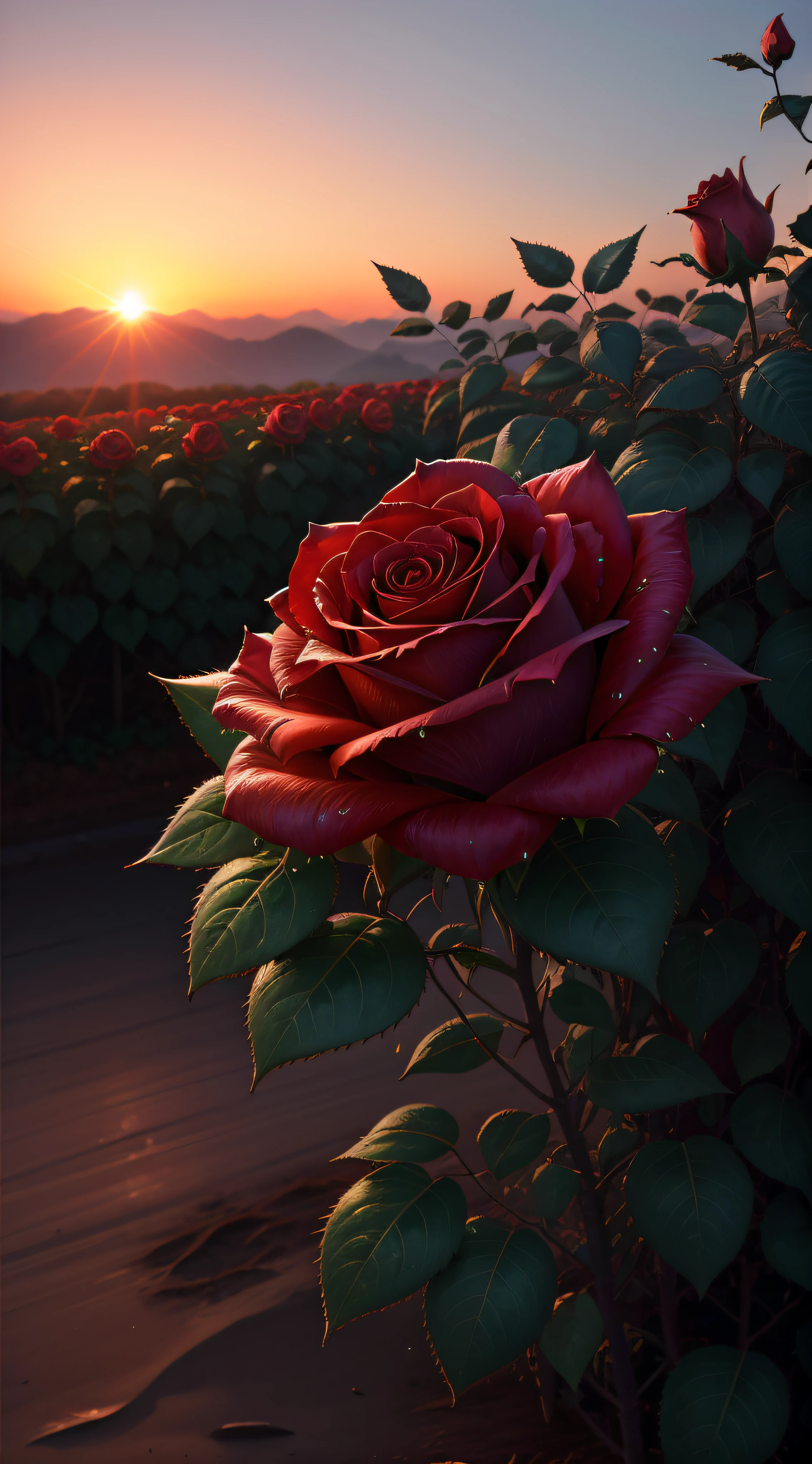 (Rose bushes,At 4K resolution,Shows the dew at sunrise