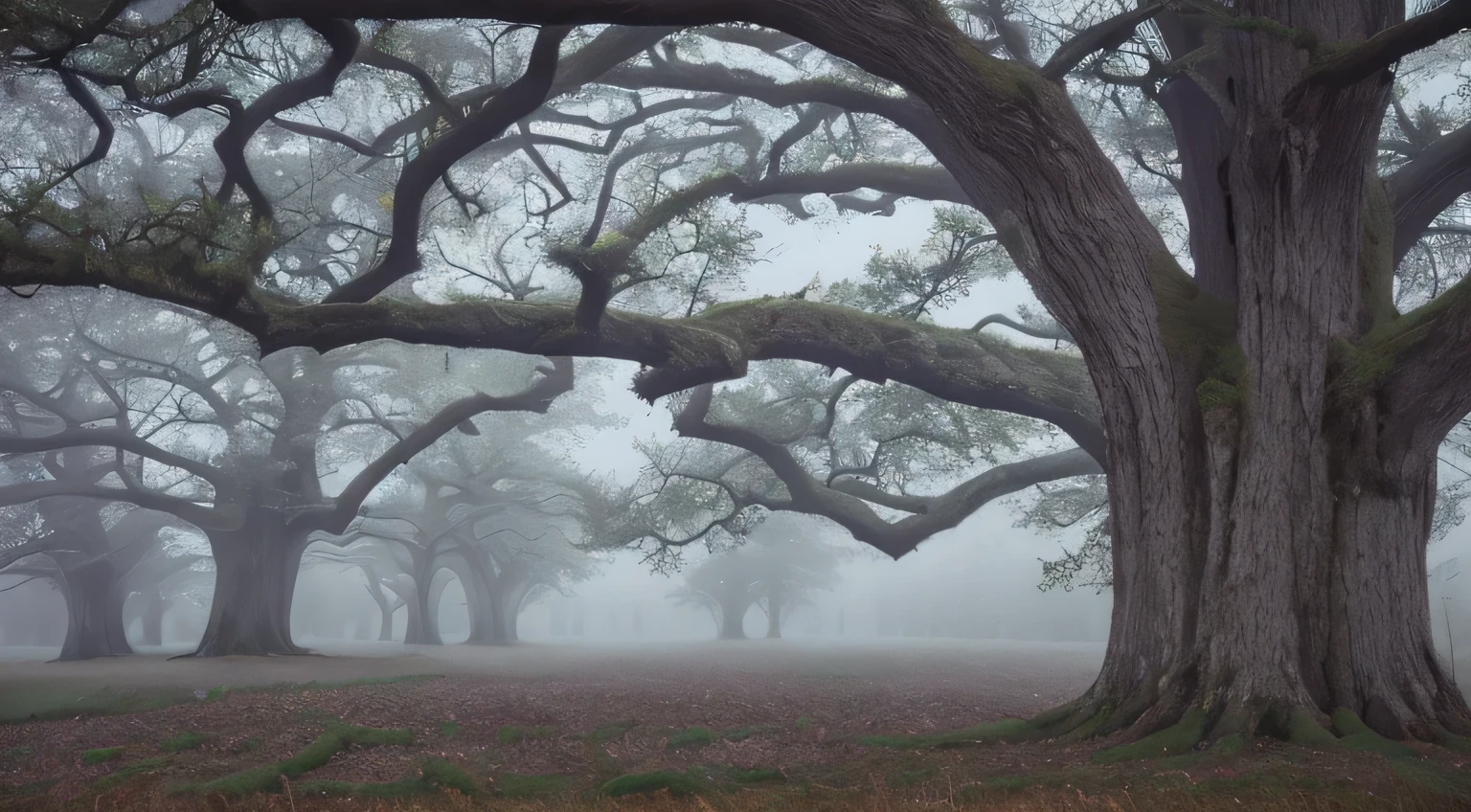 there are many sheep that are standing in the grass under the trees, southern gothic scene, misty and eerie, tree woodland atmosphere, ancient oak forest, wildlife. atmospheric, foggy and atmospheric, misty weather, misty mood, (mist), inspired by Patrick Nasmyth, shrouded in mist, oak trees, misty and foggy, big oak trees, misty wood
