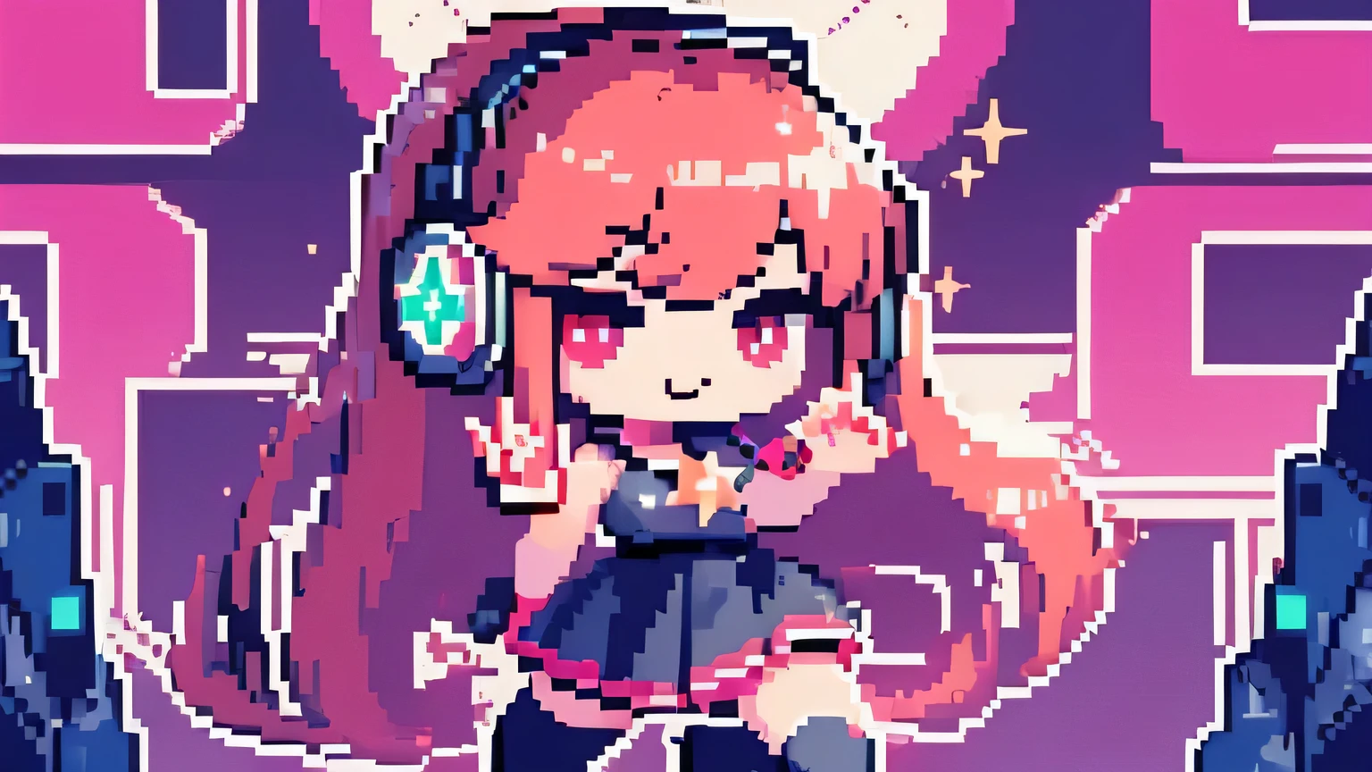 ((Masterpiece, top quality, pixel, pixel art)), very detailed, whole body, 1 girl, girl in a skirt and headphones, :3, long hair, clap, multicolored hair, two tone hair, Gradient hair, Brown hair, Brown hair with pink tips, [[[[[[[[[pink hair]]]]]]]]], black crop top, Red dress, pleated skirt, stockings, gaiters, black necklace, Red eyes, star (symbol), symbol-shaped pupils,