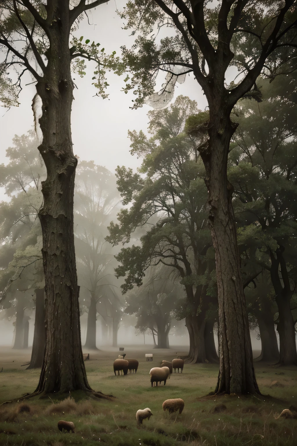 there are many sheep that are standing in the grass under the trees, southern gothic scene, misty and eerie, tree woodland atmosphere, ancient oak forest, wildlife. atmospheric, foggy and atmospheric, misty weather, misty mood, (mist), inspired by Patrick Nasmyth, shrouded in mist, oak trees, misty and foggy, big oak trees, misty wood