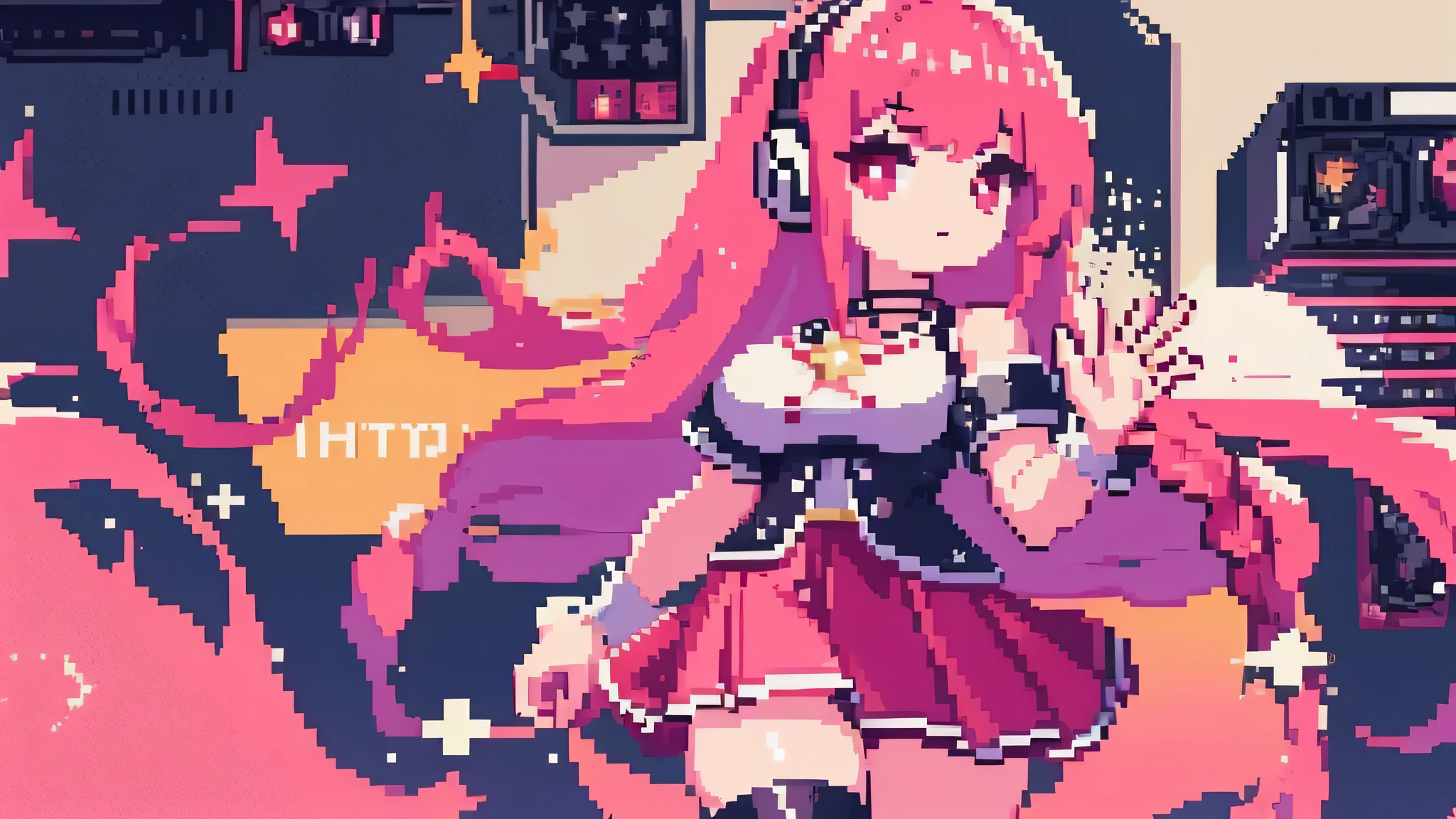 ((Masterpiece, top quality, pixel, pixel art)), very detailed, whole body, 1 girl, girl in a skirt and headphones, :3, long hair, clap, multicolored hair, two tone hair, Gradient hair, Brown hair, Brown hair with pink tips, [[[[[[[[[pink hair]]]]]]]]], black crop top, Red dress, pleated skirt, stockings, gaiters, black necklace, Red eyes, star (symbol), symbol-shaped pupils,