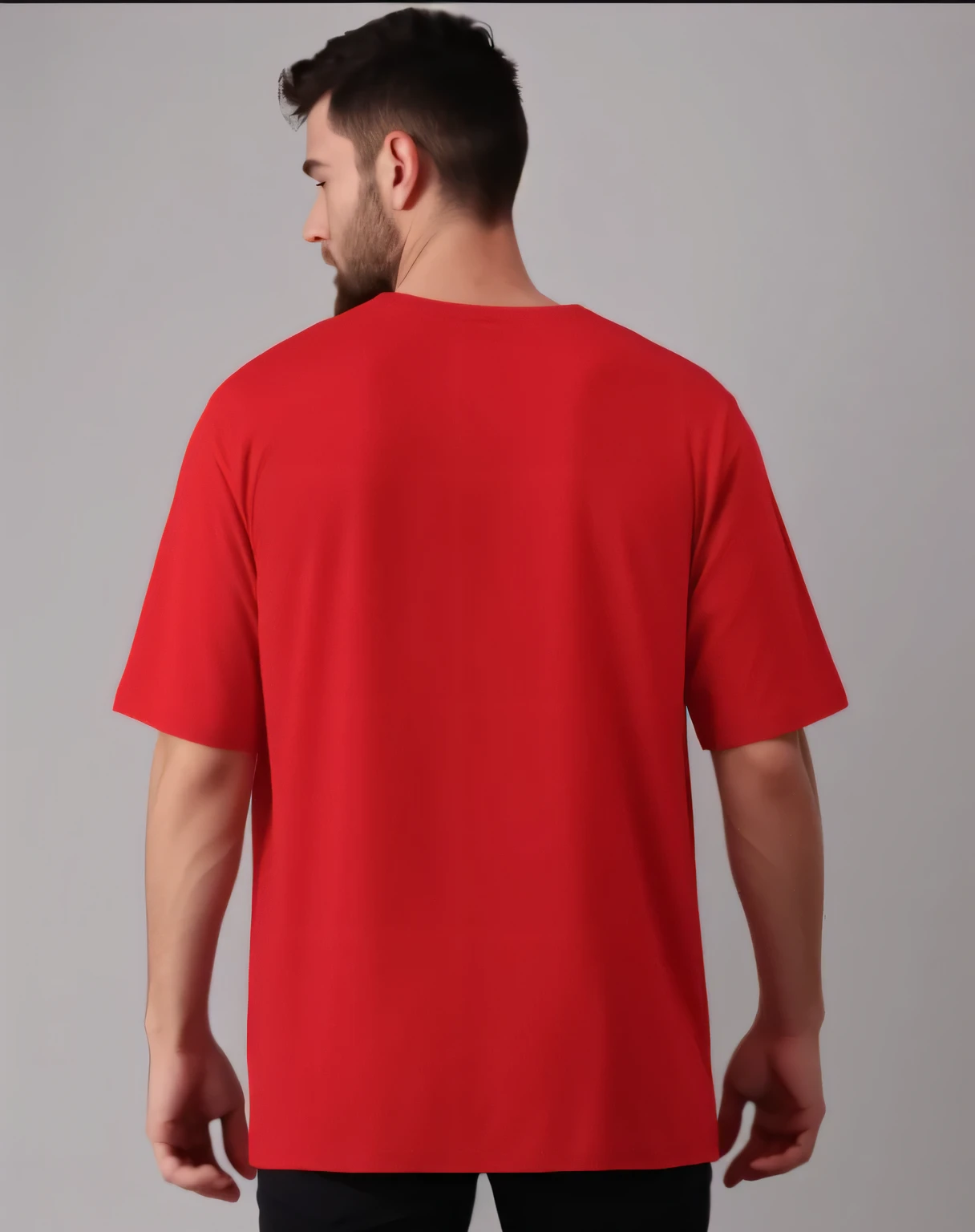 a man in a red shirt is standing with his hands in his pockets, red t-shirt, back - view, red, red shirt, back view also, back view, short sleeves, in tshirt, backview, 3 / 4 back view, only red colour, tshirt, product view, red color, long hair and red shirt, medium shot taken from behind, beard