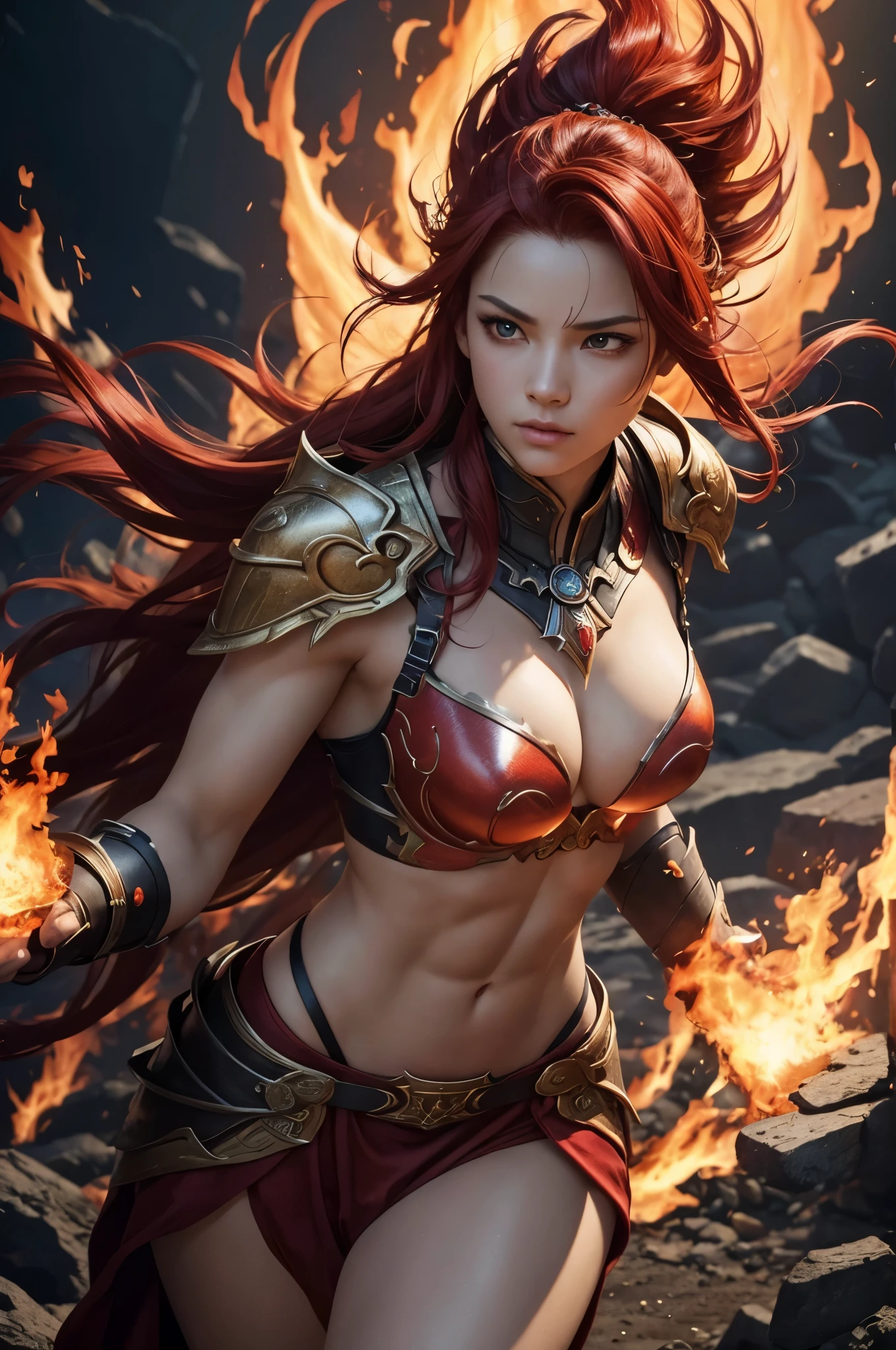 8k、alone,のgoddess of fire,Super beautiful(like the real thing),red eyes,Super beautiful,beautiful red mohawk hair,Flashy flame god makeup,sexyな赤い炎の胸鎧,sexy,Remains,amazing work of art、wind effect:1.9、cloud effect:1.2,full rendering、unreal engine,ultra high resolution,super realistic skin,Super precise hand details,fantasy art,Photorealistic RAW photos of the highest quality。Backlight, cinematic lighting, film grain, to be born, 50mm lens, Nikon D850,realistic skin,fantasy art,character art,ultra high resolution,Macho with a muscular slender body,Precise facial details,grim expression,Improve the quality of facial expressions,accurate human body structure,perfect hands,Flame Hair Ornament,red flame shoulder armor,red flame gauntlet,red flame leg armor,Violent and strongly cracked abdominal muscles,goddess of fire,perspective from above,Close-up,battle scene,fighting pose,dynamic pose,explosive flame,