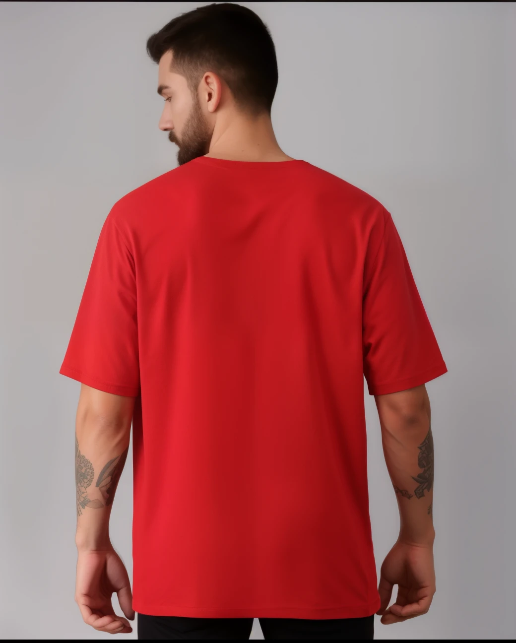 a man in a red shirt is standing with his hands in his pockets, red t-shirt, back - view, red, red shirt, back view also, back view, short sleeves, in tshirt, backview, 3 / 4 back view, only red colour, tshirt, product view, red color, long hair and red shirt, medium shot taken from behind, beard, tatttoo on arms