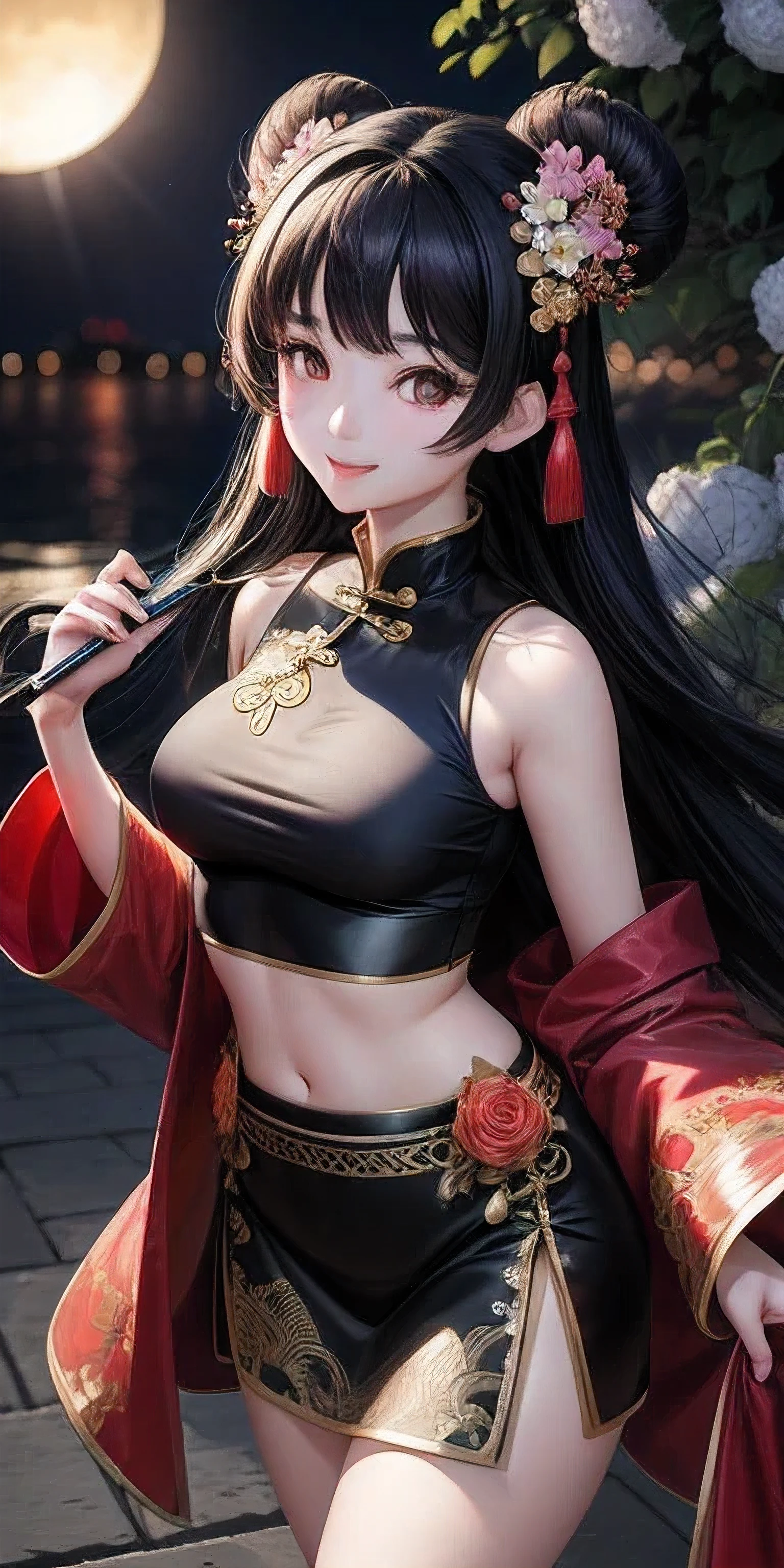 actual, 1 Chinese Fan Bingbing girl, black hair, big eyes, Smile,open mouth,glowing eyes, crop top, skirt, open lips, blush, night, flowers, sun, sunlight,